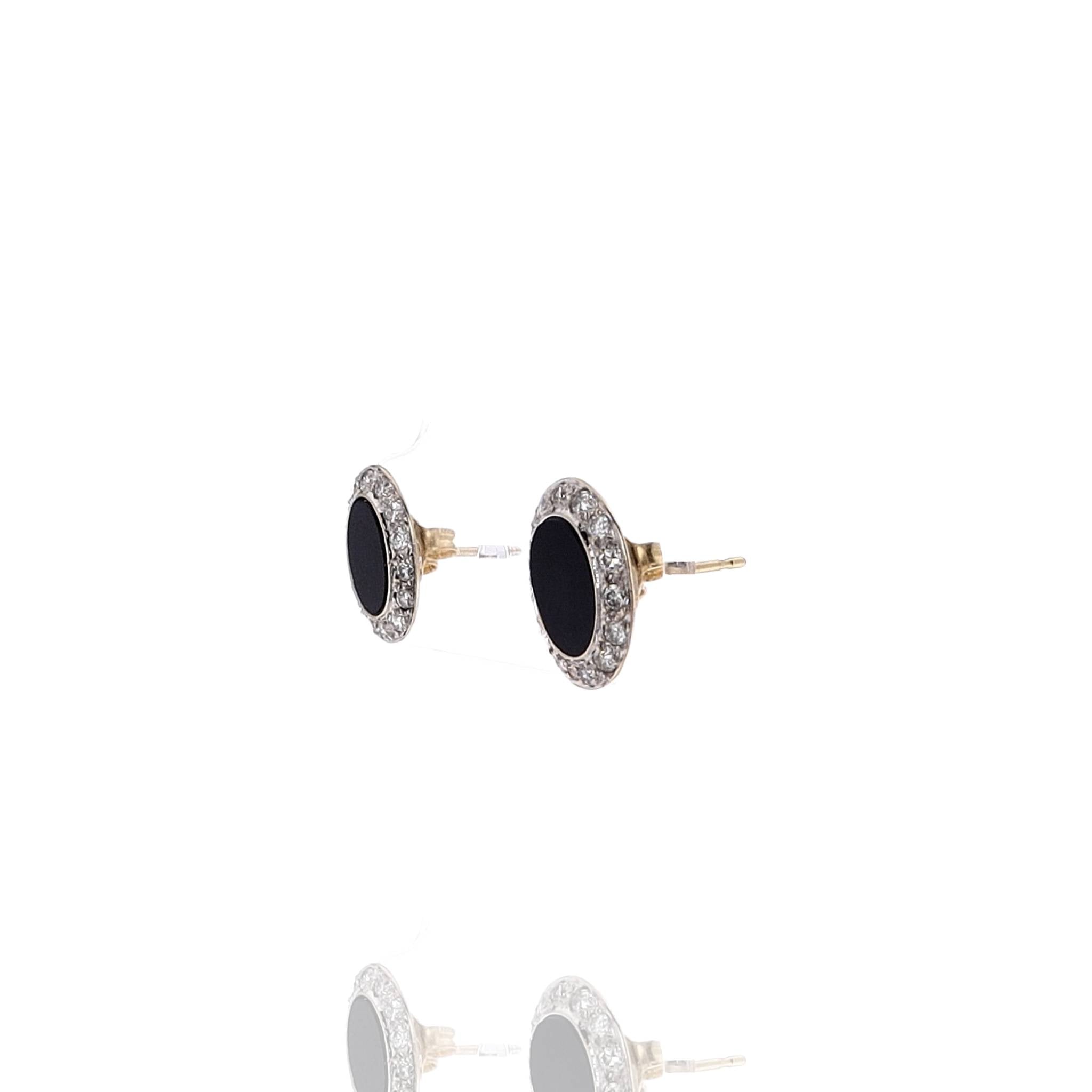 18k Two-Tone Estate Oval Black Chalcedony Stud Earrings with Diamonds