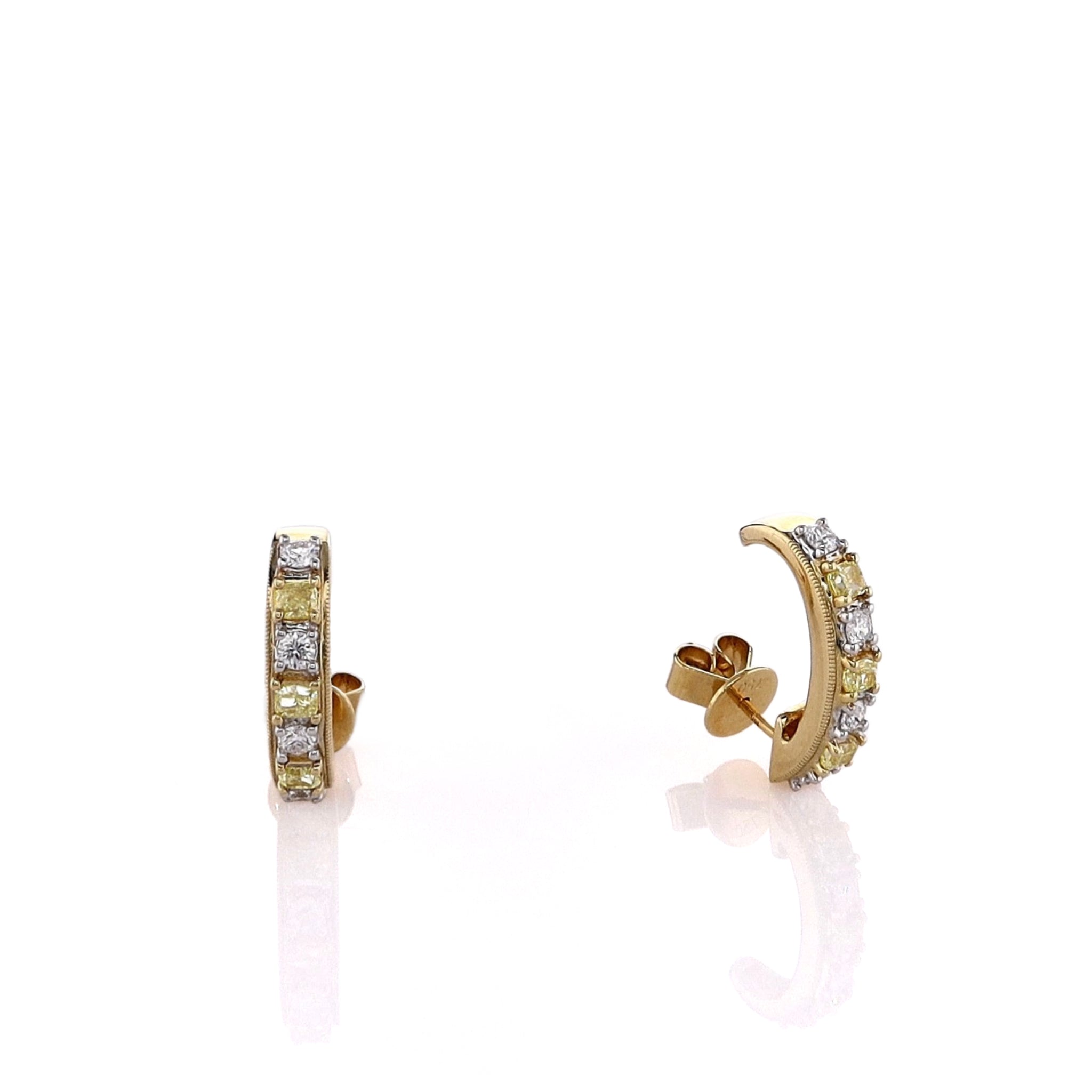 18k Yellow Gold J Hoop Earrings with Alternating Yellow and White Diamonds