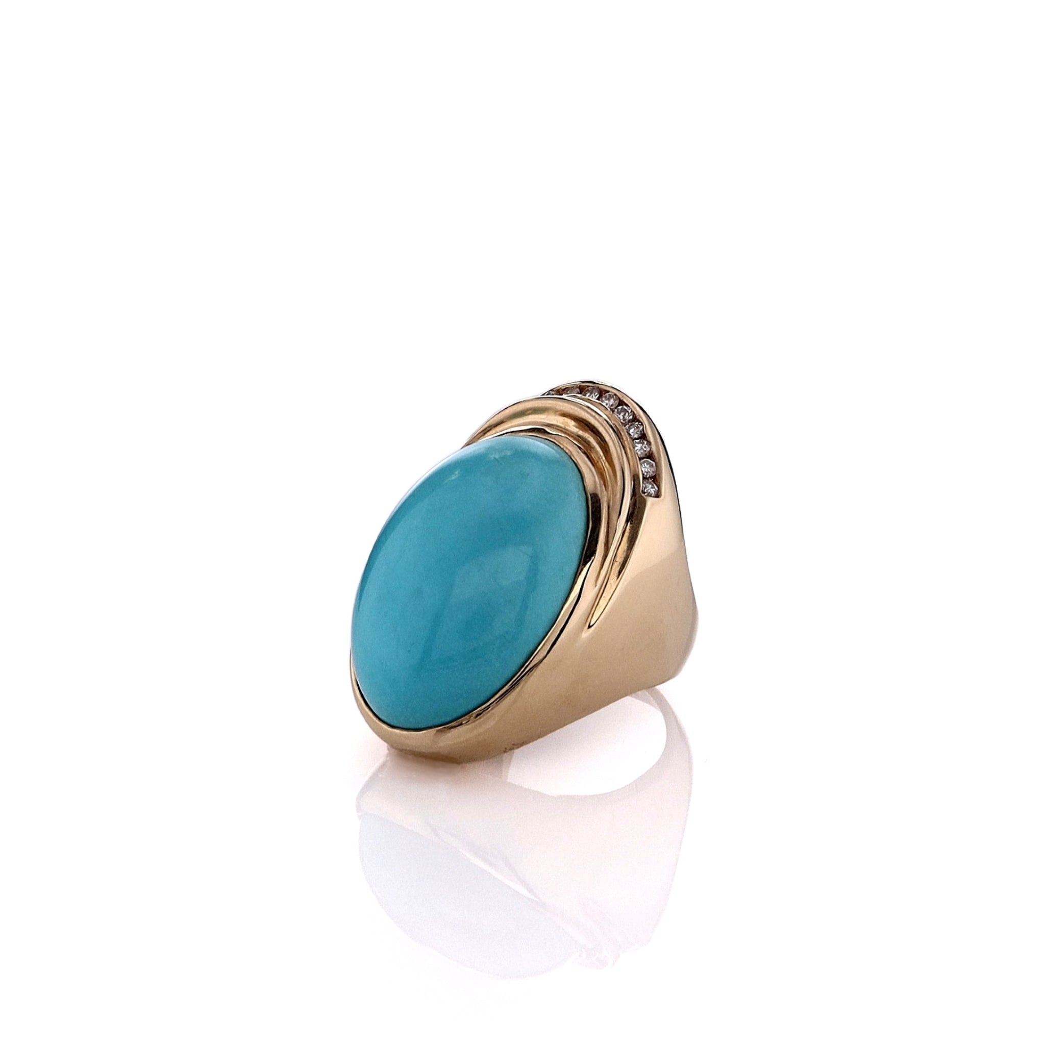 Luxurious Estate 14k Yellow Gold Ring Featuring 26x18mm Cabochon Turquoise and Sparkling Diamonds