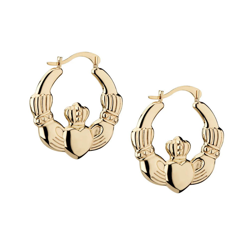 Large 14k Gold Hallmarked Claddagh Hoop Earrings Symbolizing Eternal Love