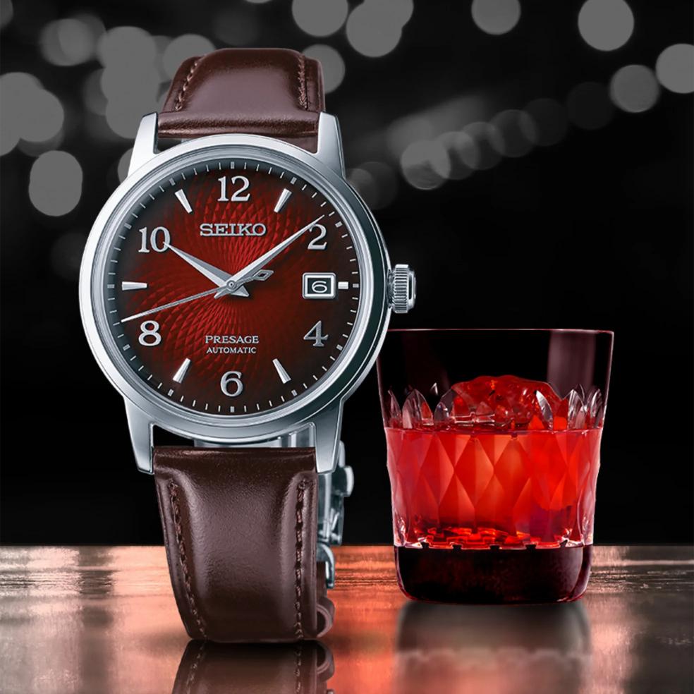 Seiko Presage Cocktail Time Automatic Watch with Gradated Red Dial and Brown Leather Strap