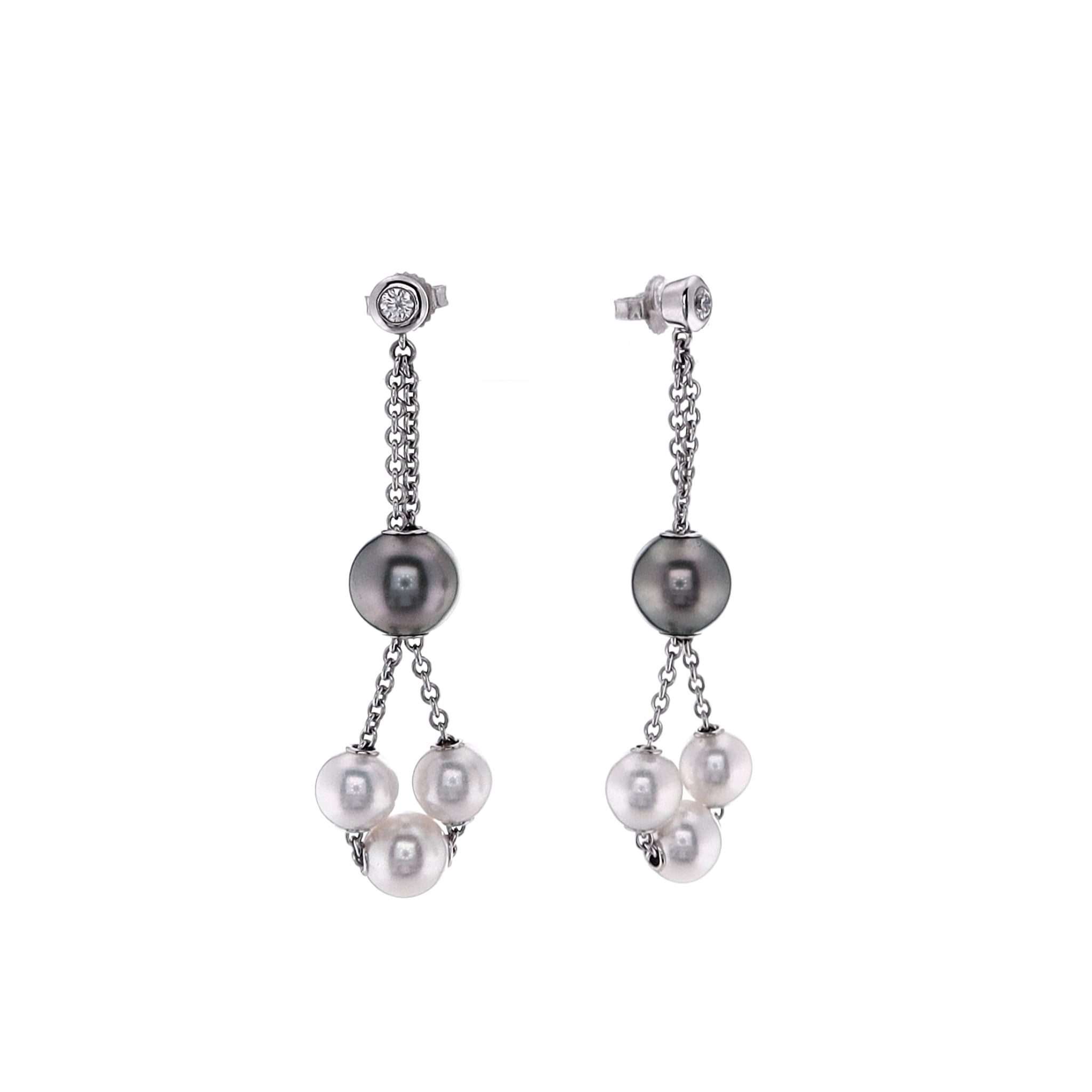 Mikimoto 18k White Gold Earrings with Black South Sea Pearls, White Akoya Pearls and Diamonds