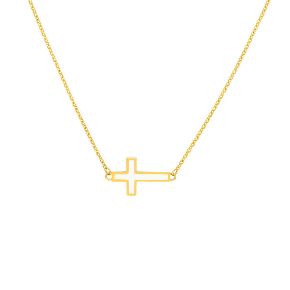 14k Yellow Gold Adjustable Sideways Enamel Cross Necklace