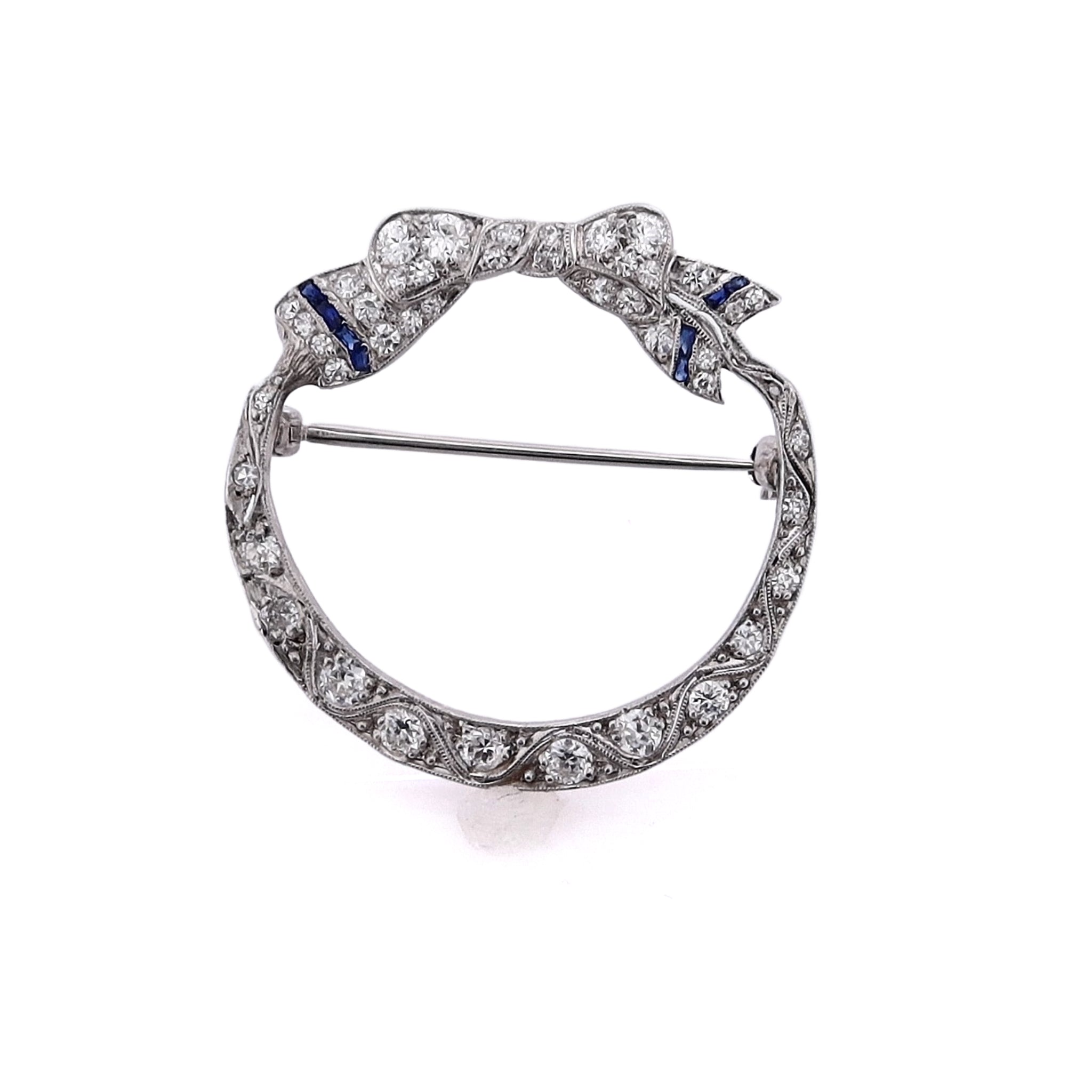 Exquisite Estate Platinum Bow - Shaped Design Diamond and Synthetic Sapphire Circle Lapel Pin