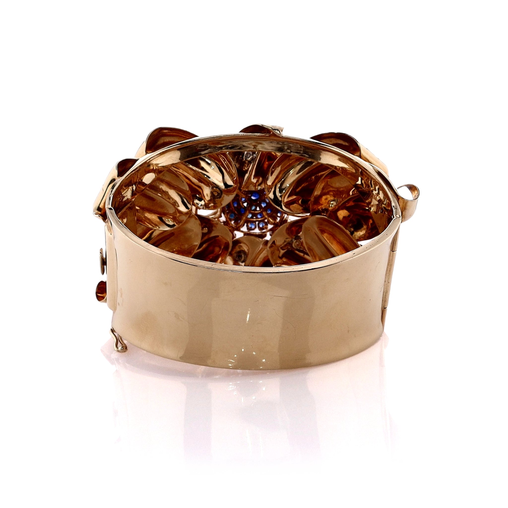 14k Yellow Gold Hinged Multi - Color Sapphire Flower Bangle Bracelet