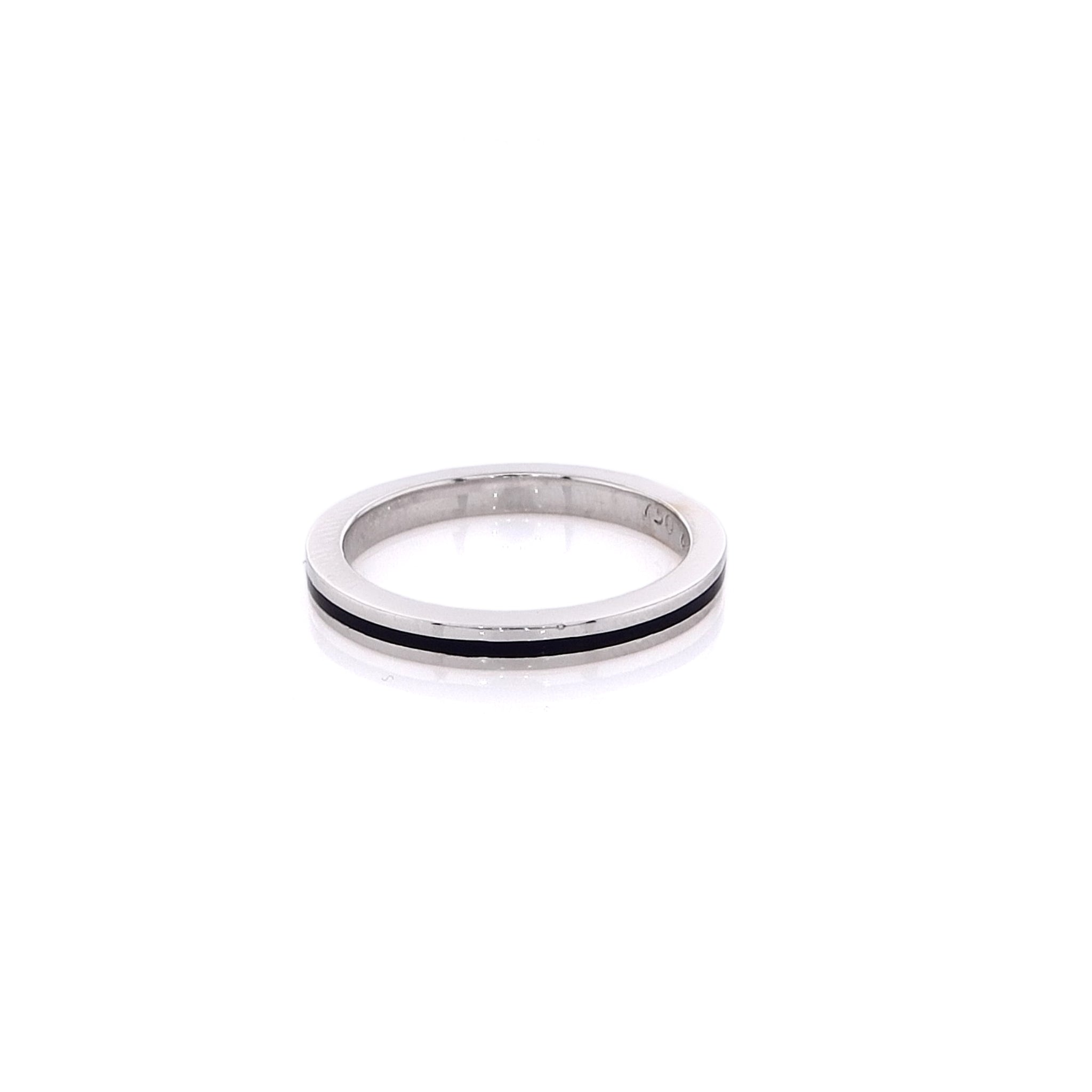 18 Karat White Gold Luxury Thin Band Ring With a Central Stripe of Black Enamel