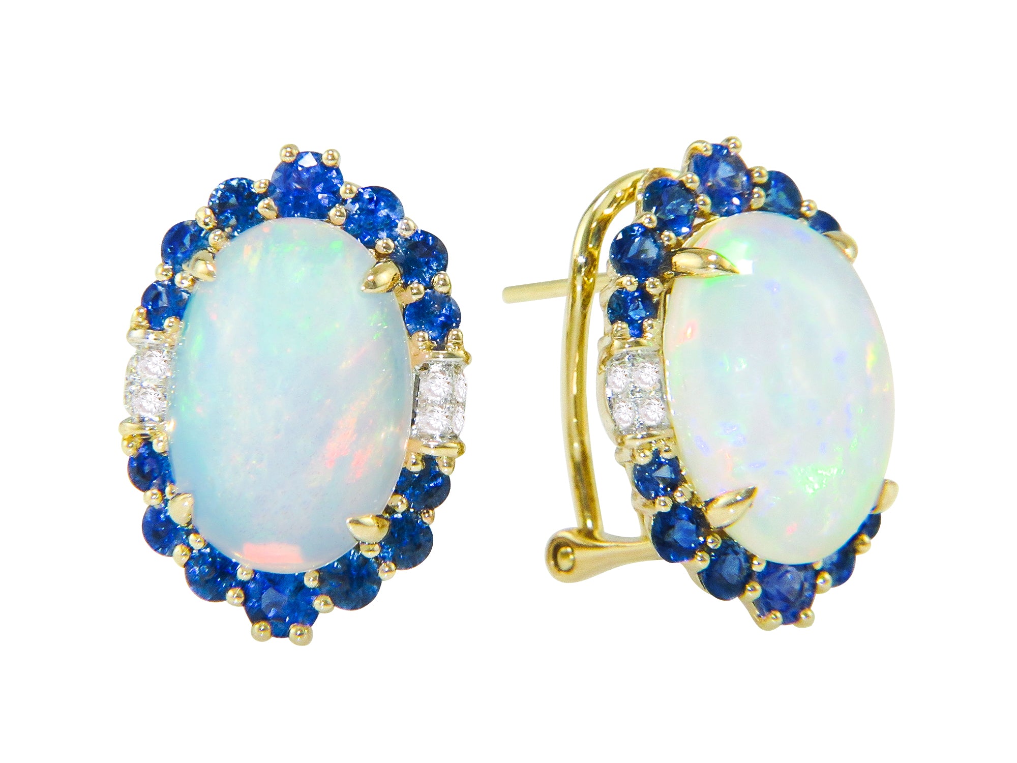 Stunning Bellarri 14k Gold Opal, Blue Sapphire, and Diamond Stud Earrings from the Anastasia Collection
