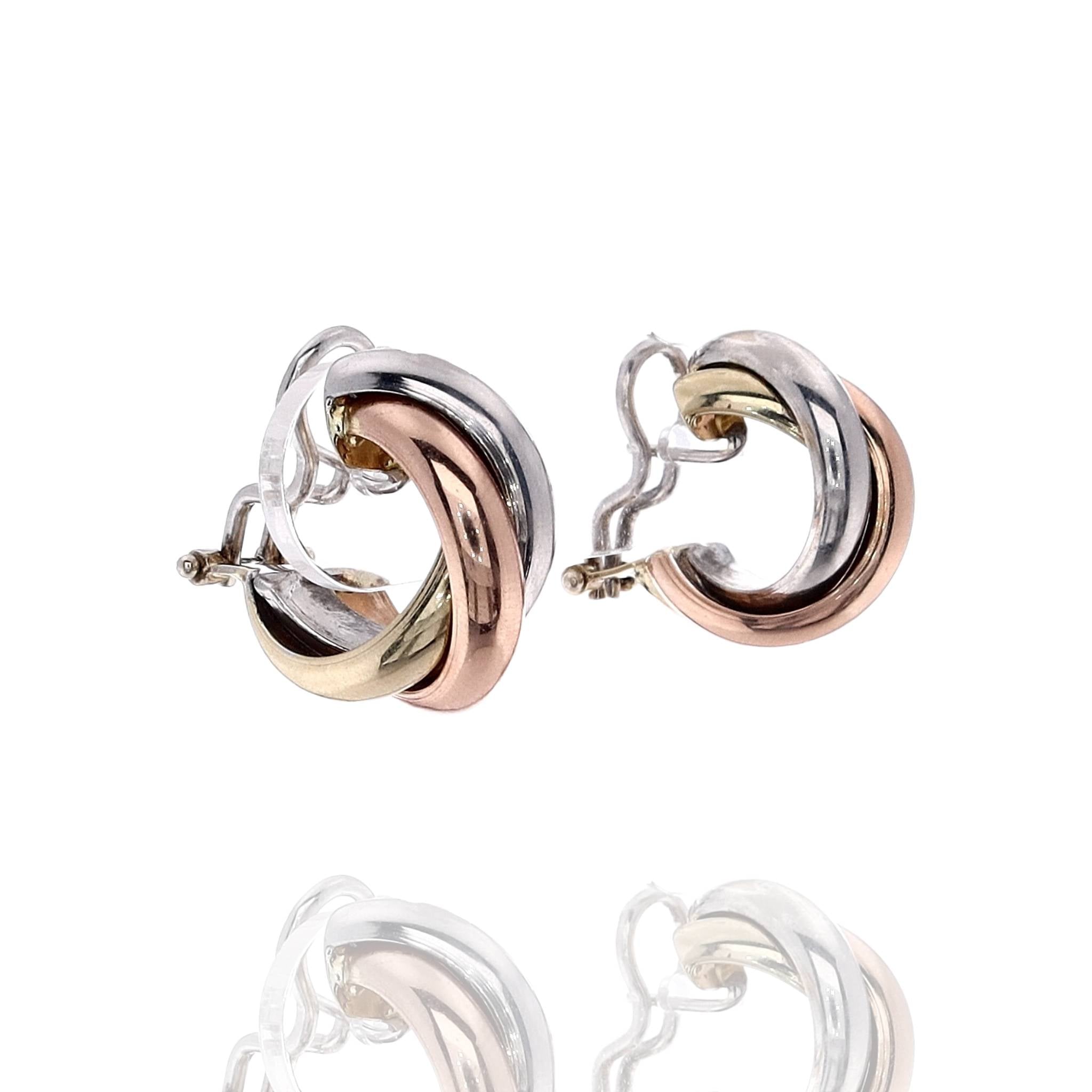 14k Tri-Tone Polished Hoop Earrings with Triple Crossover Tubes