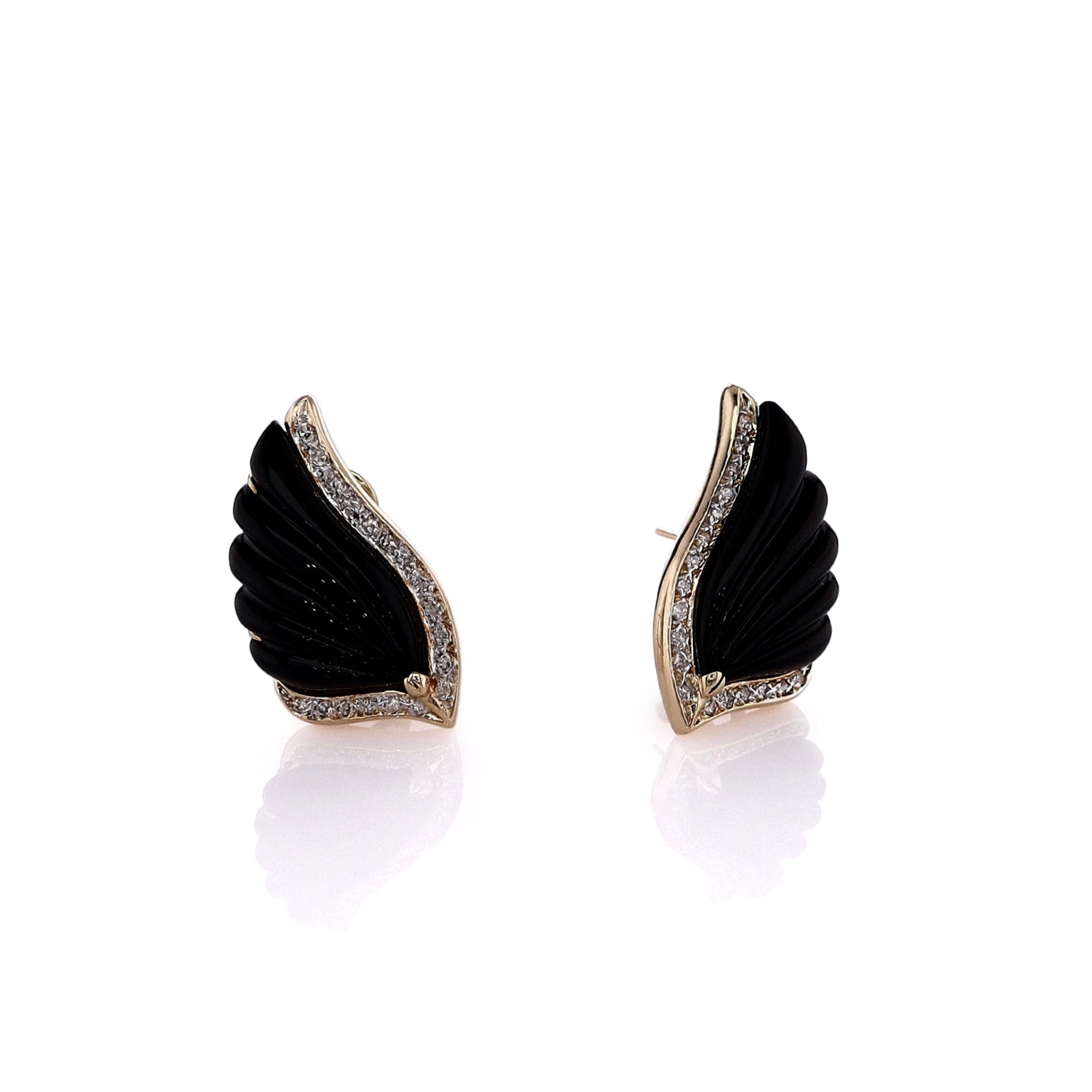 14k Yellow Gold Onyx and Diamond Stud Earrings with Scalloped Wing Design