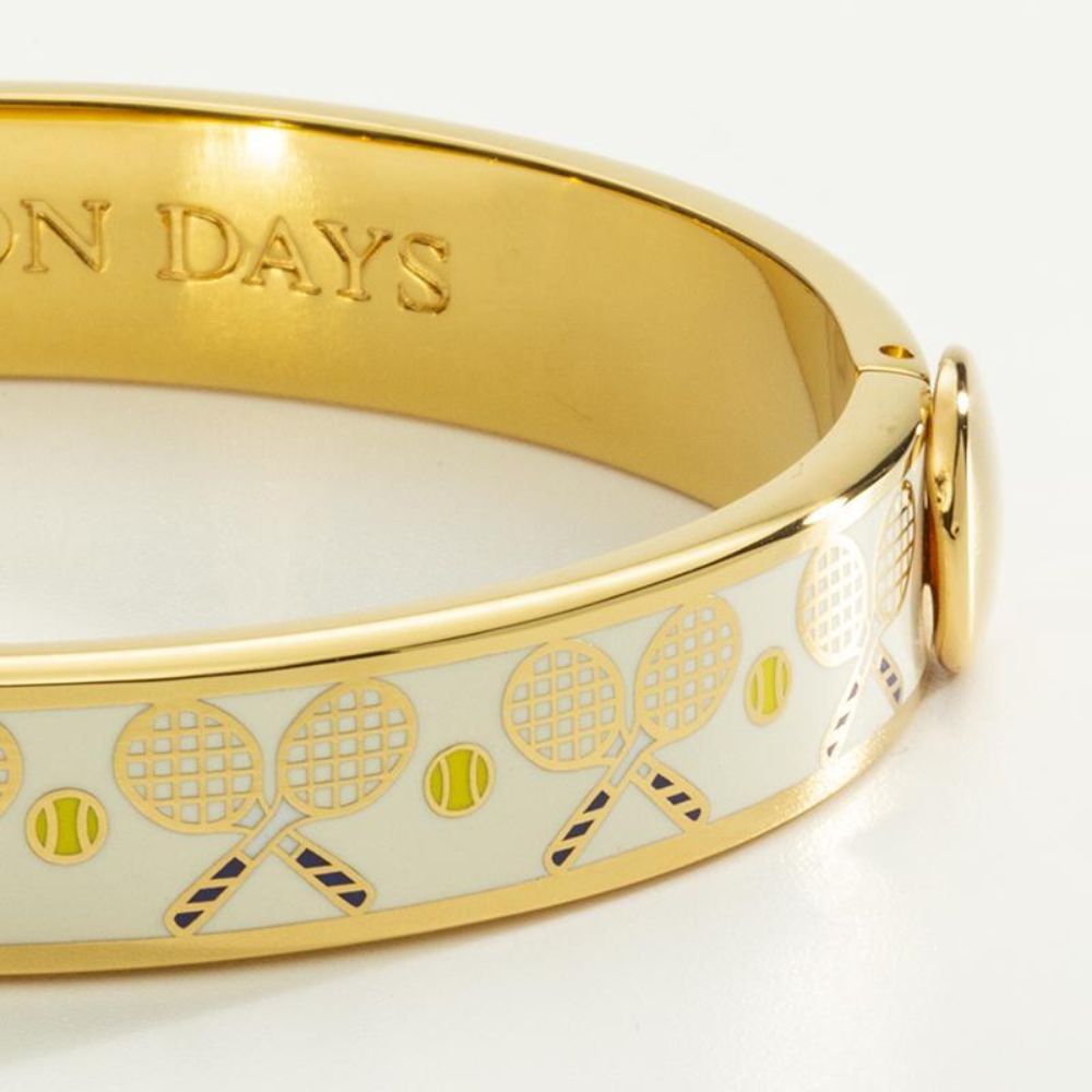 Halcyon Days Luxury 1cm Gold - Plated Hinged Enamel Tennis Racket and Ball Bangle for Fashion Accessories
