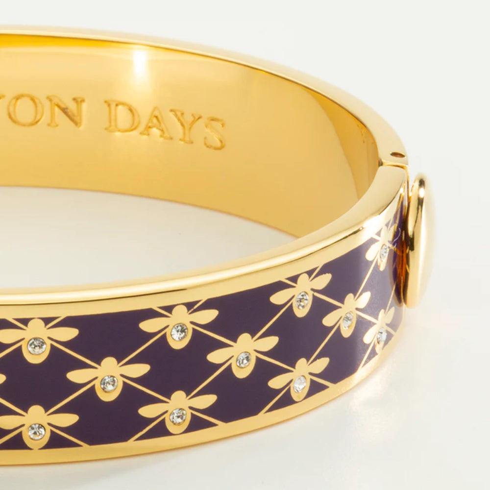 Halcyon Days 13mm Gold - Plated Enamel Hinged Bee Sparkle Trellis Design Jewelry Bangle