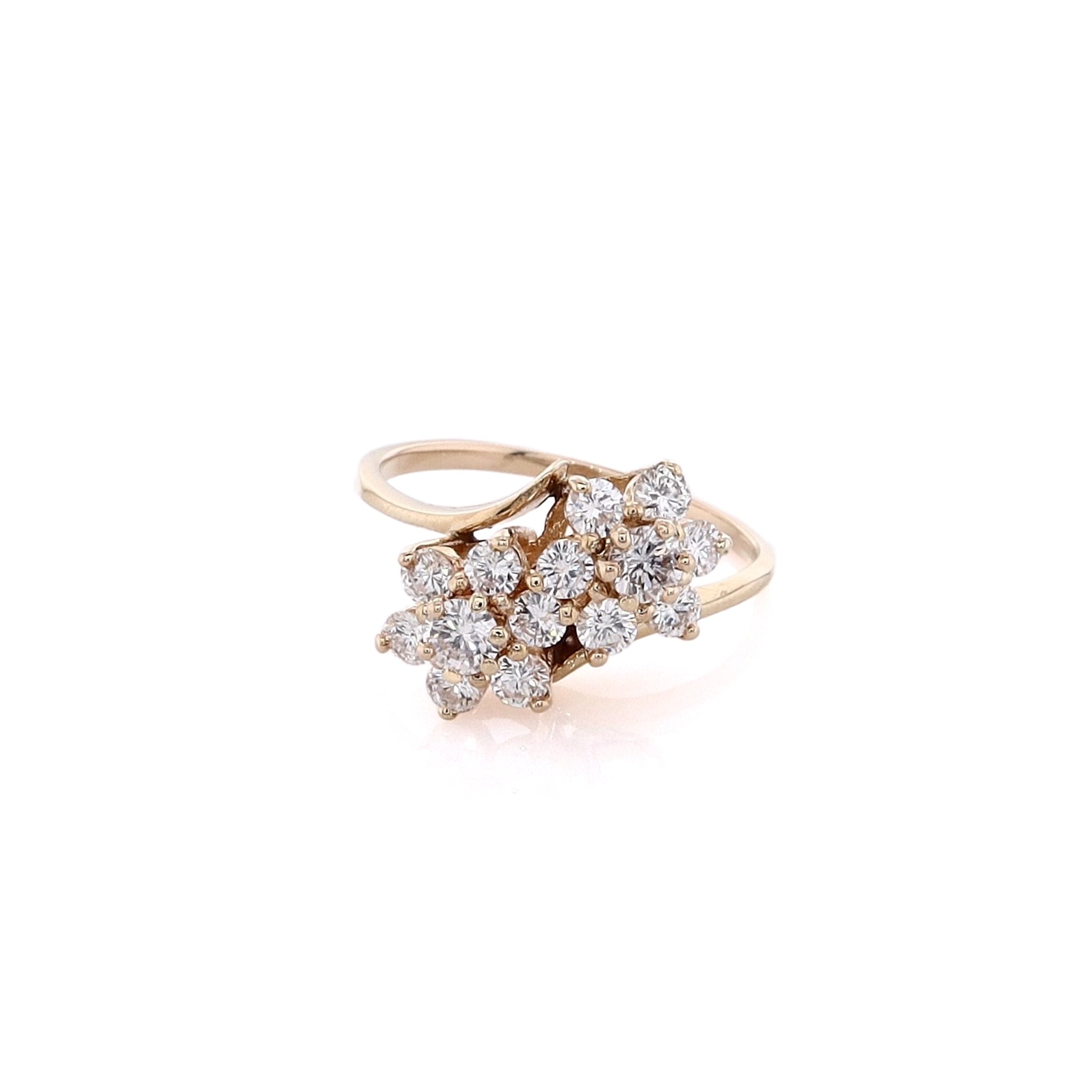 14K Yellow Gold Double Flower Head Design Diamond Ring with 0.91ct Diamonds