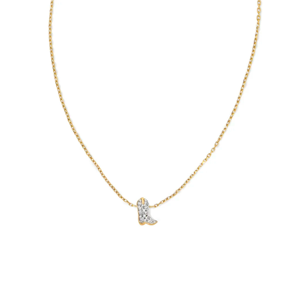 14k Yellow Gold White Diamond Tiny Cowboy Boot Pendant Necklace
