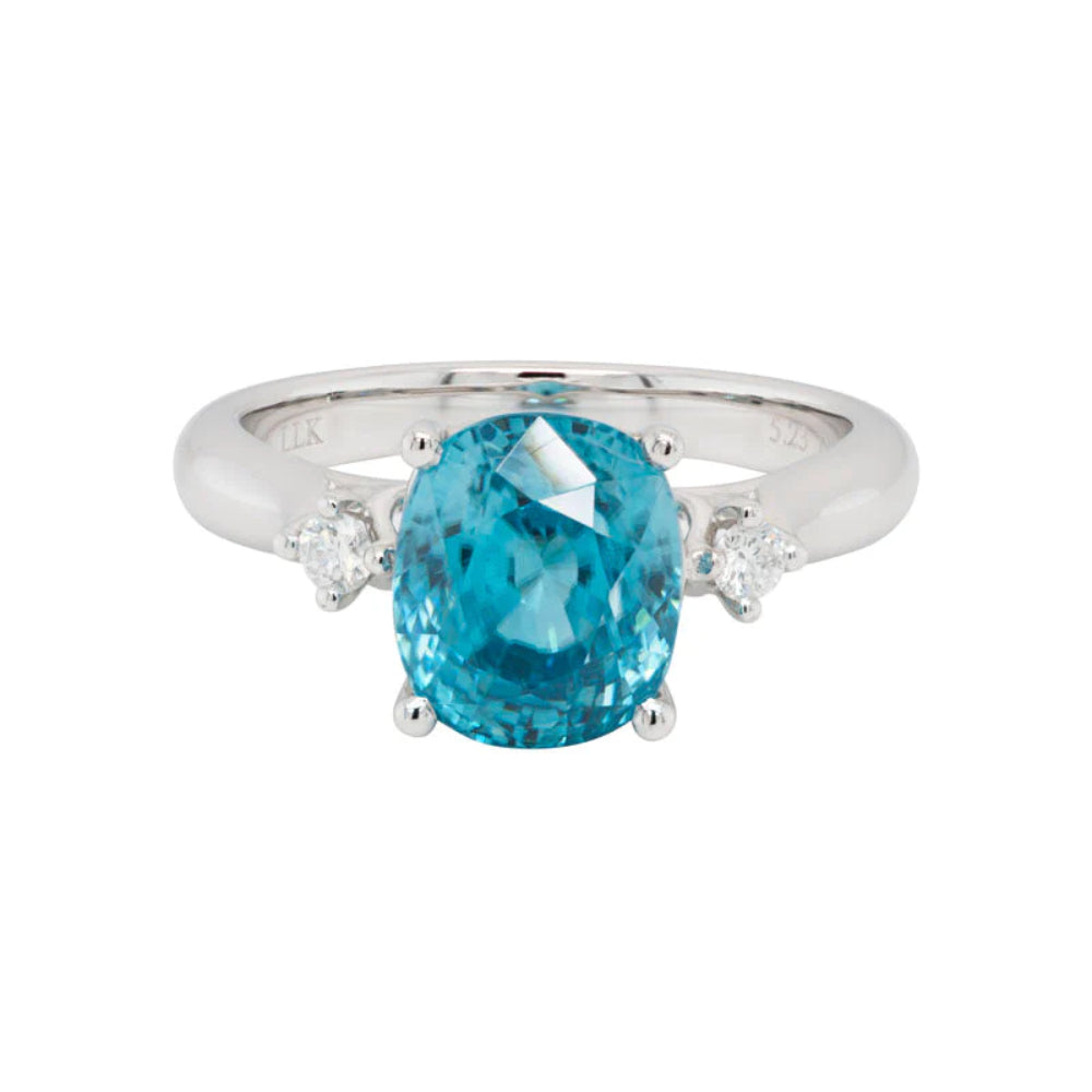 Stunning 14k White Gold Blue Zircon and Diamond Three - Stone Ring