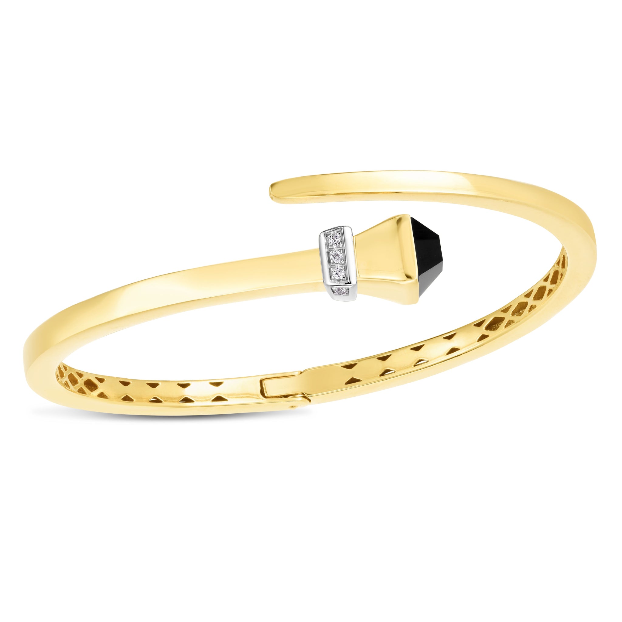 Exquisite 14k Yellow Gold Jewelry - Onyx and Diamond Wrap Style Hardware Bangle Bracelet