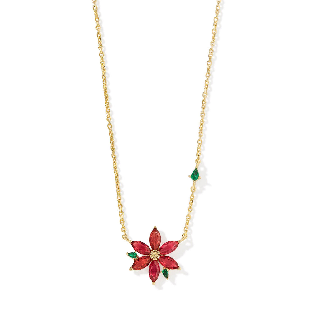 Kendra Scott Red Mix Poinsettia Design Short Gold Pendant Necklace for Holiday