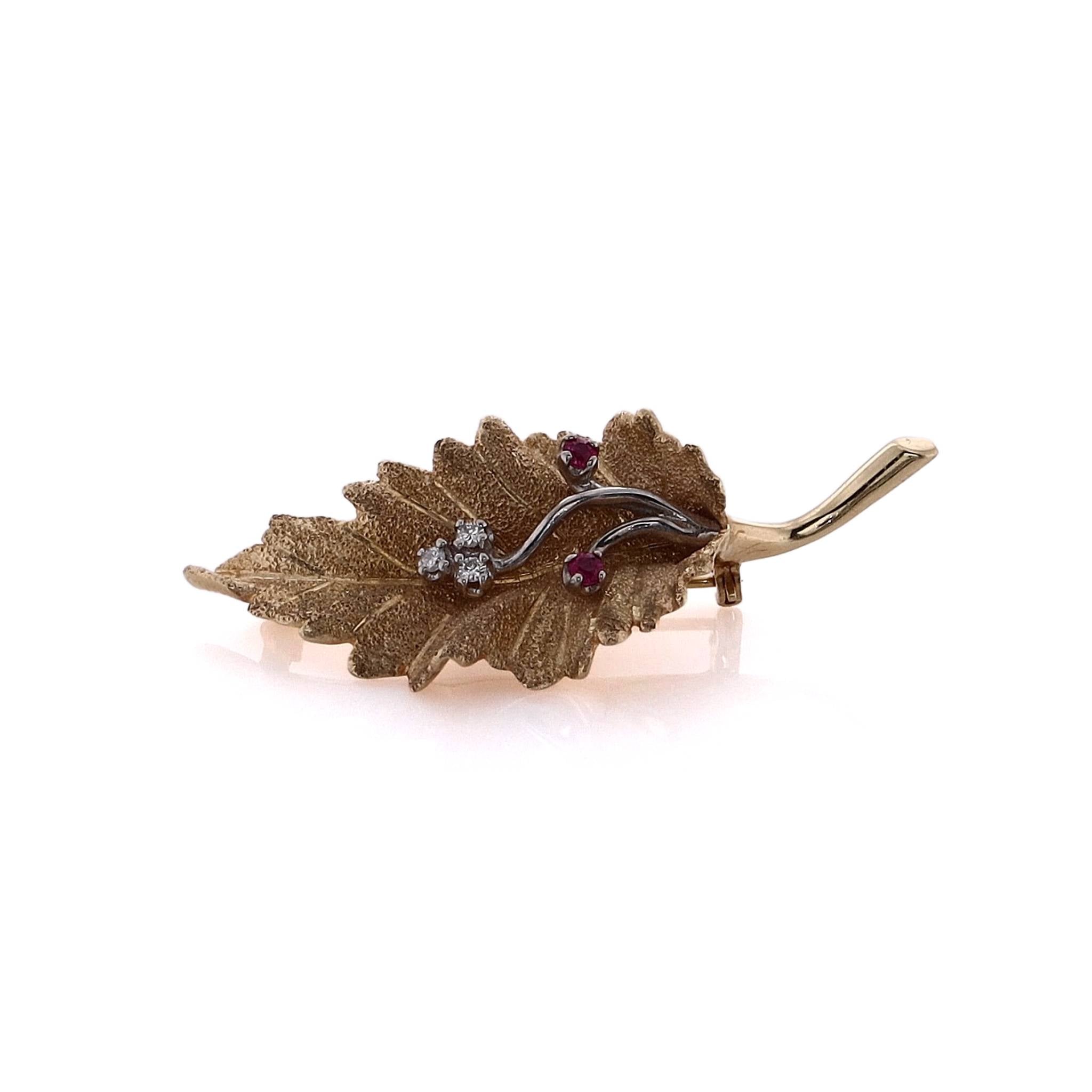 Exquisite 14k Two Tone Gold Ruby and Diamond Leaf Design Brooch Pin