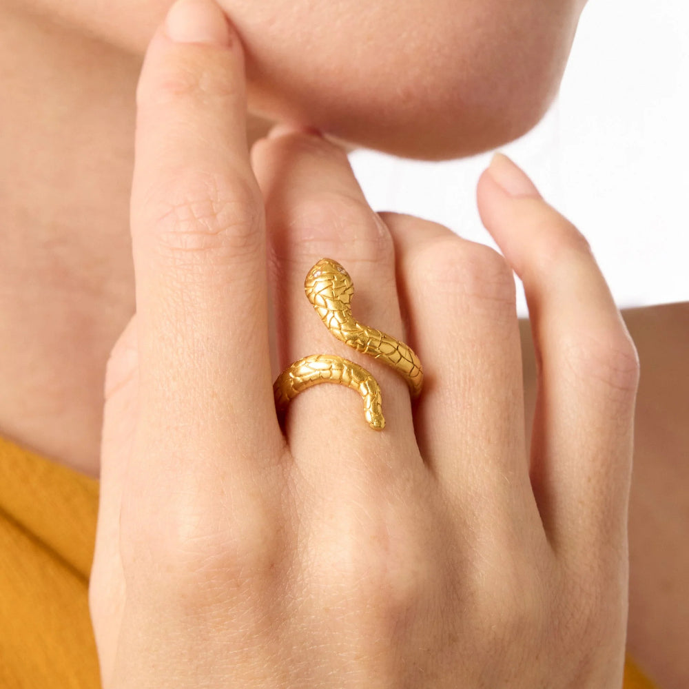 Exquisite Julie Vos Adjustable Snake Ring with 24K Gold Plate and CZ Gemstones