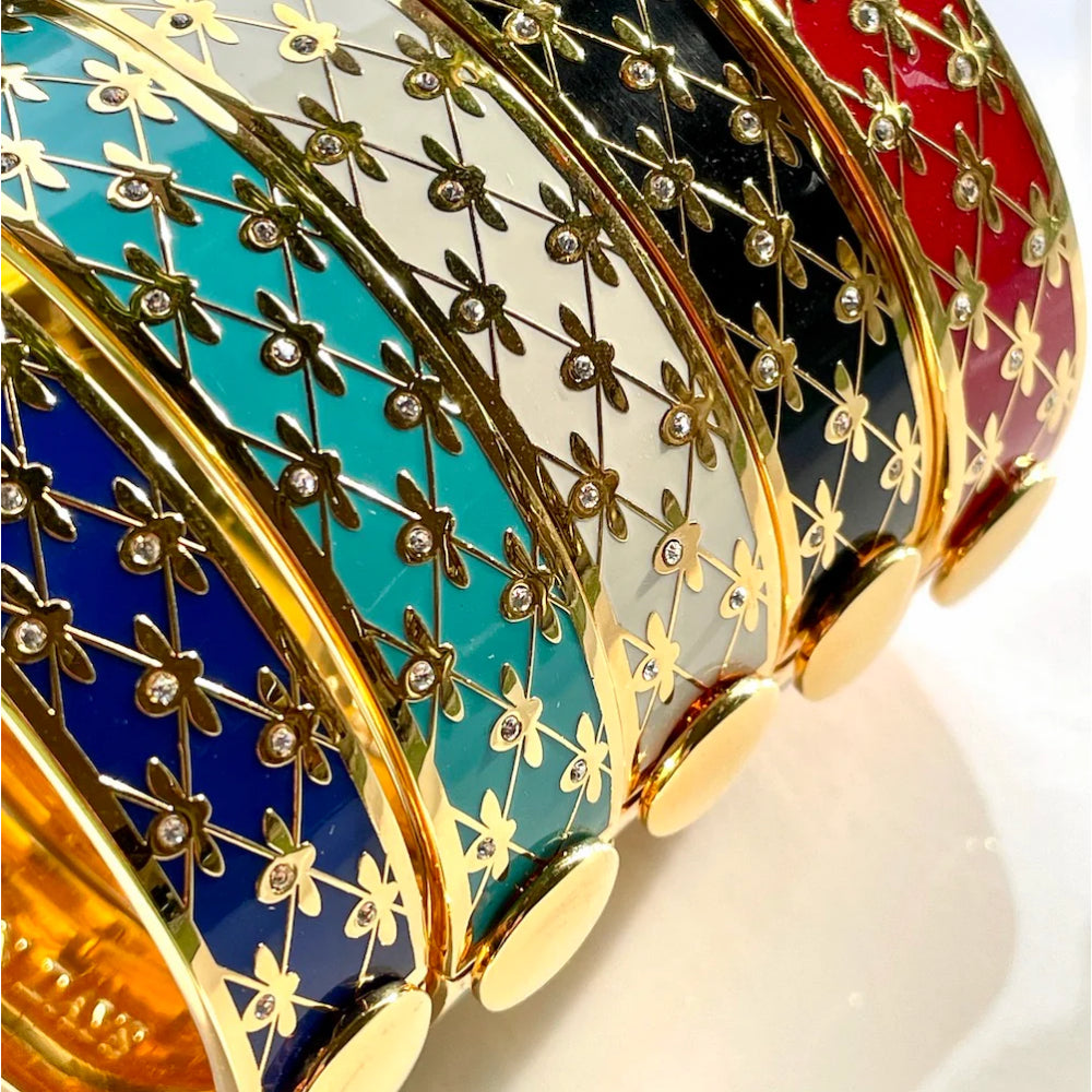 Halcyon Days 13mm Gold - Plated Enamel Hinged Bee Sparkle Trellis Design Jewelry Bangle