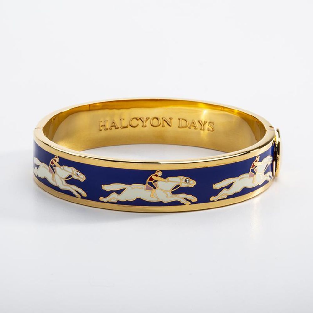 Halcyon Days 13mm Gold - Plated Hinged Enamel Bangle Featuring Race Horse Design, Ideal Jewelry for Equestrian Lovers