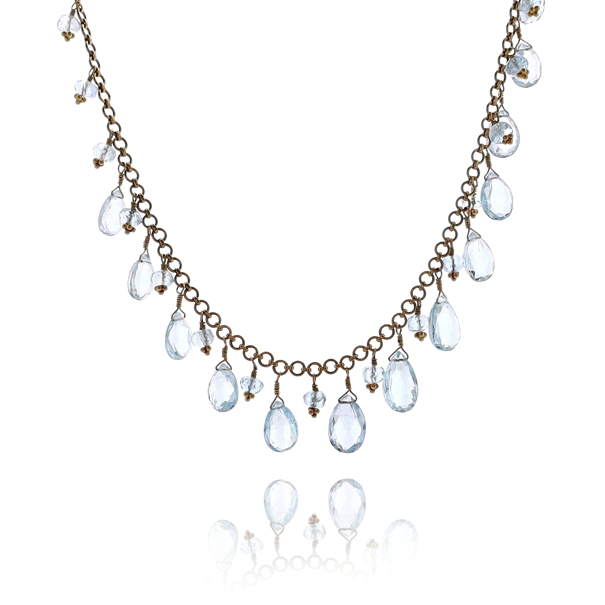 22k Yellow Gold Estate Necklace with Alternating Aquamarine Briolettes