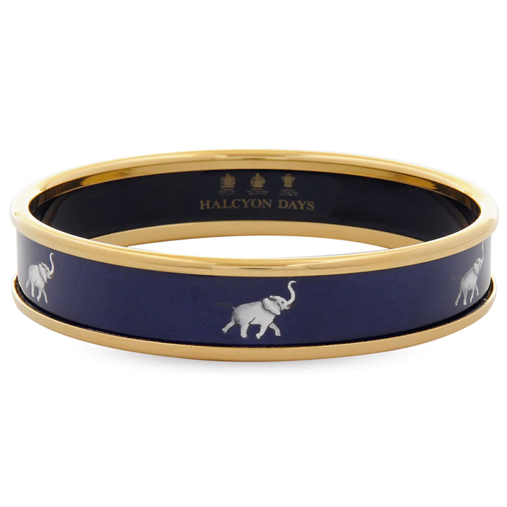 Navy and Gold Enamel Handcrafted Elephant Bangle by Halcyon Days, 1cm