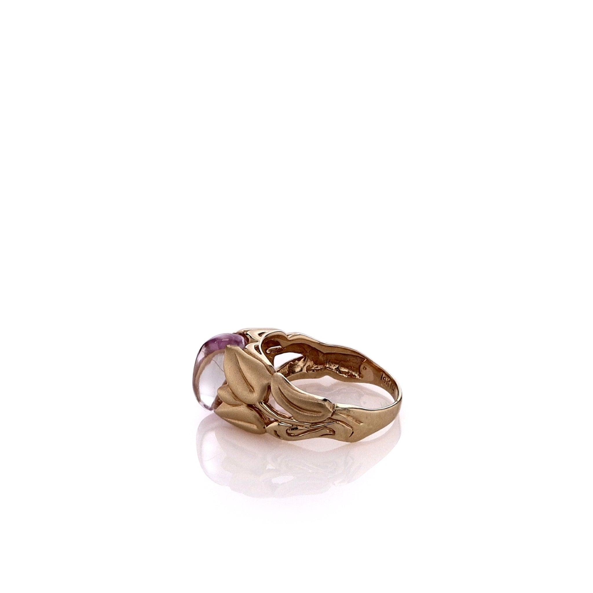 Elegant 14k Yellow Gold Floral Shank Design Pink Oval Cabochon Kunzite Engagement Ring
