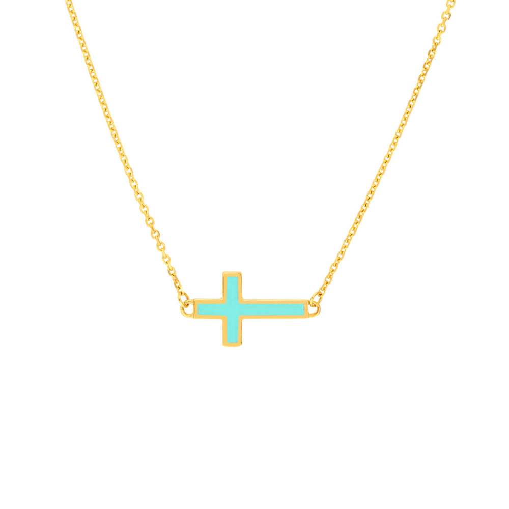 14k Yellow Gold Adjustable Sideways Enamel Cross Necklace