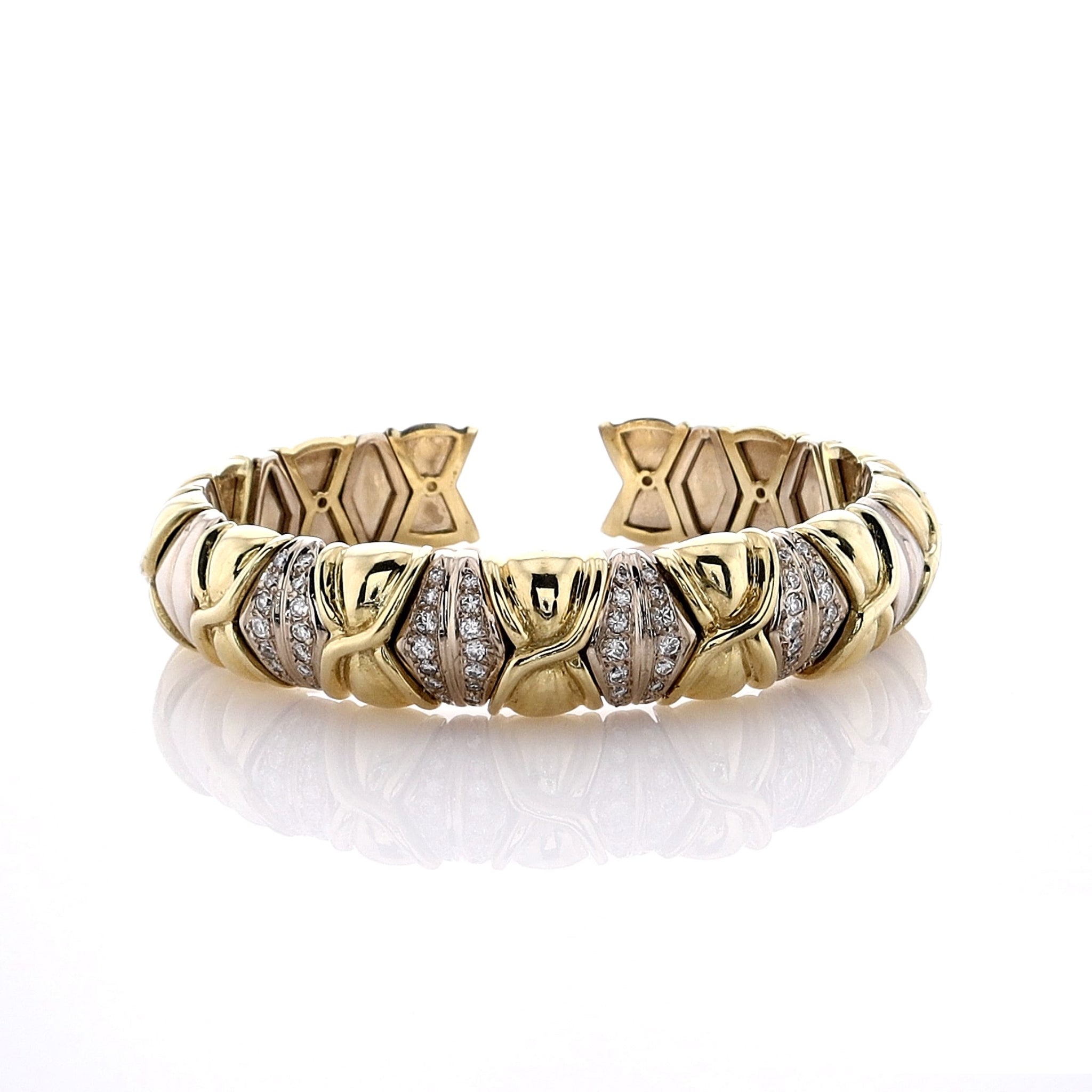 18k Two Tone Gold 13mm Wide Flexible Cuff Bracelet with Sparkling Diamonds