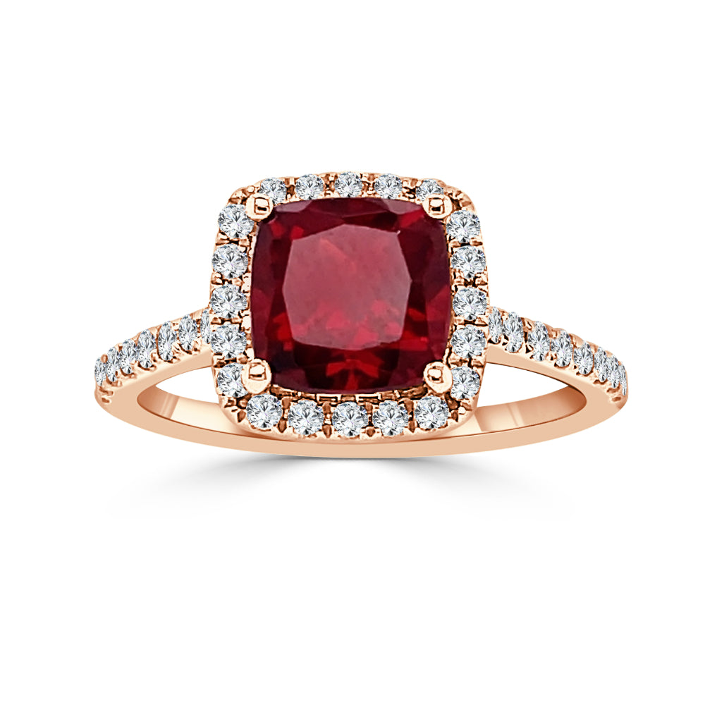 Stunning 14k Gold 7mm Cushion Cut Garnet and Diamond Engagement Ring