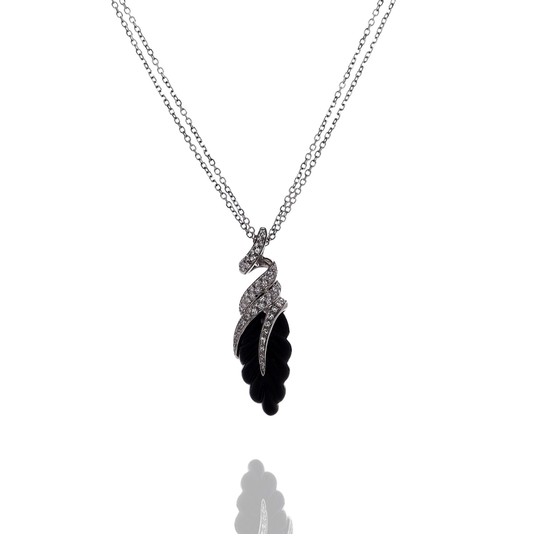 Exquisite 18k White Gold Hand - Carved Onyx Leaf and Diamond Adorned Double - Chain Pendant Necklace for Women