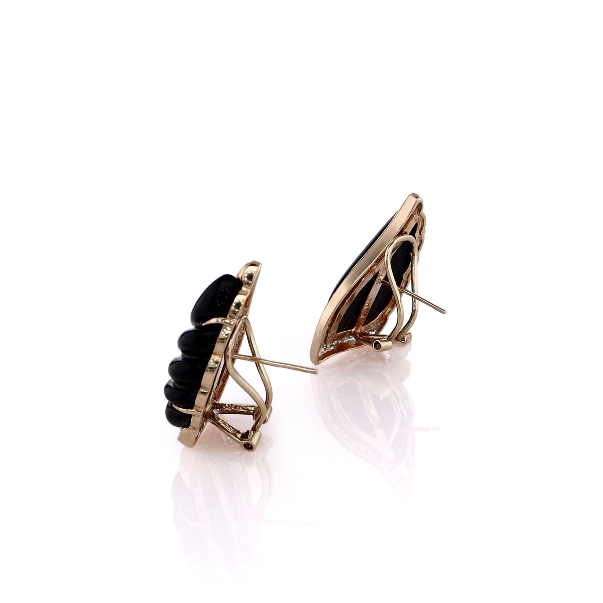 14k Yellow Gold Onyx and Diamond Stud Earrings with Scalloped Wing Design