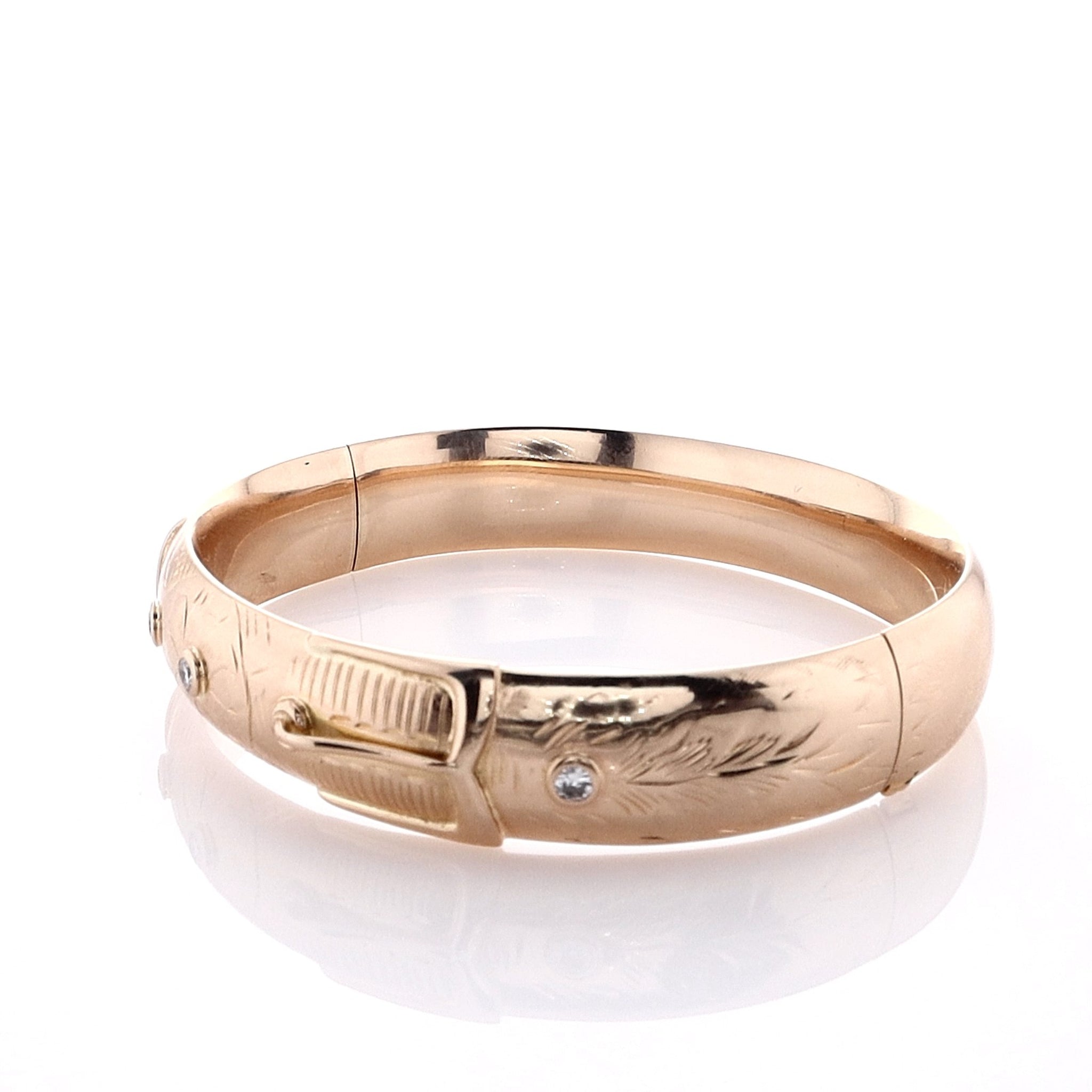 Exquisite 14k Yellow Gold Diamond Hinged Bangle Bracelet with Engraved Buckle Design