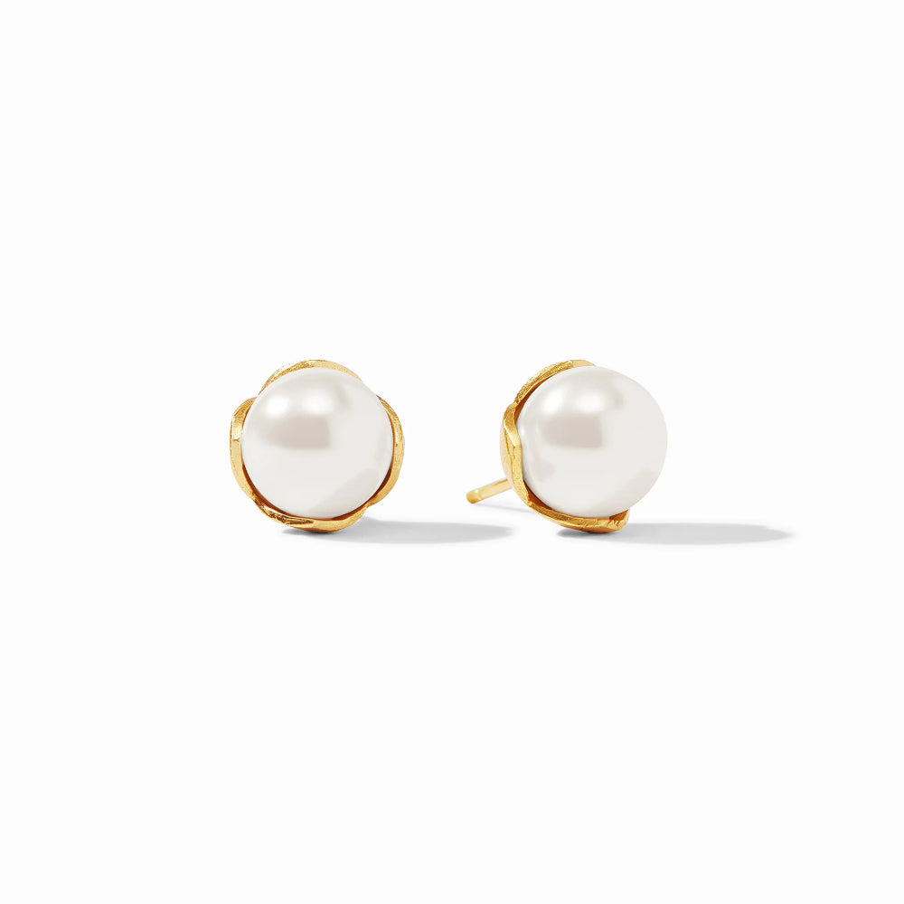 Julie Vos Penelope Pearl Stud Earrings with Golden Petals Design