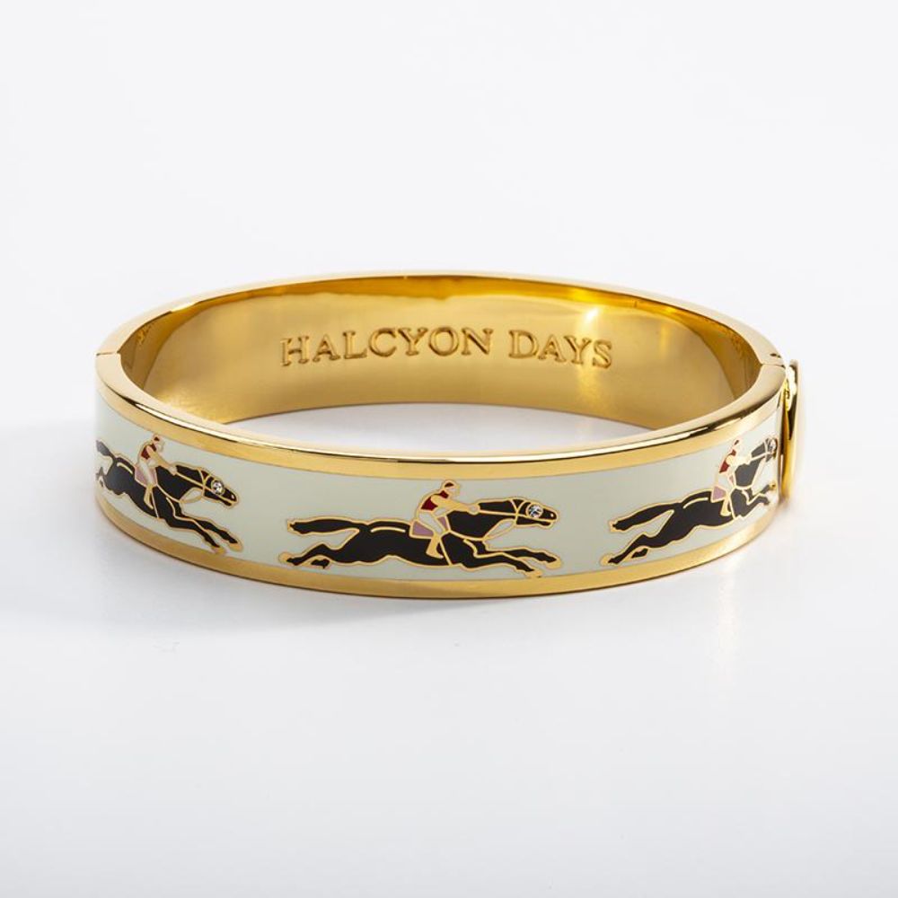 Halcyon Days 13mm Gold - Plated Hinged Enamel Bangle Featuring Race Horse Design, Ideal Jewelry for Equestrian Lovers