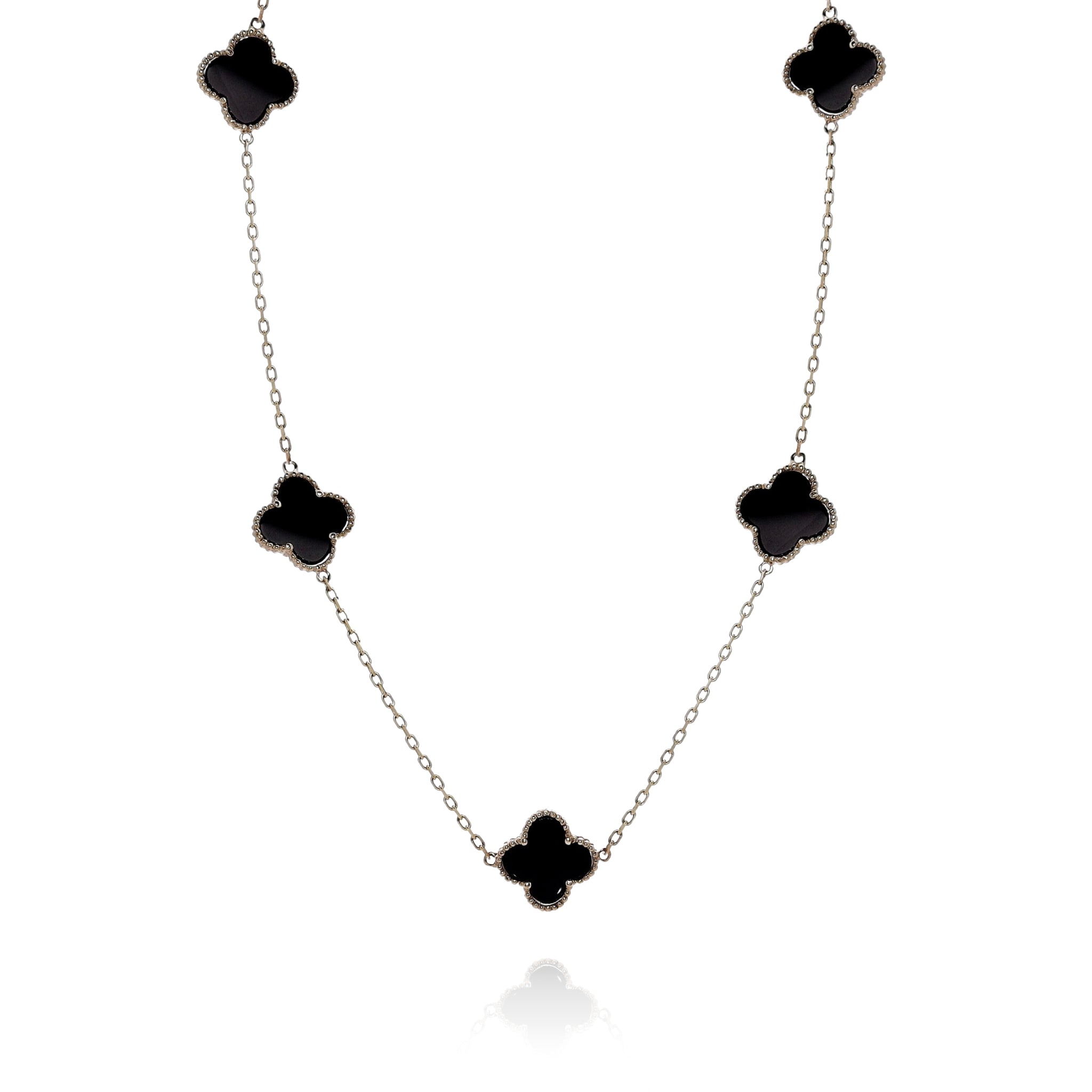 Exquisite 14k Yellow Gold Station Necklace with 24 Black Onyx in Clover Design