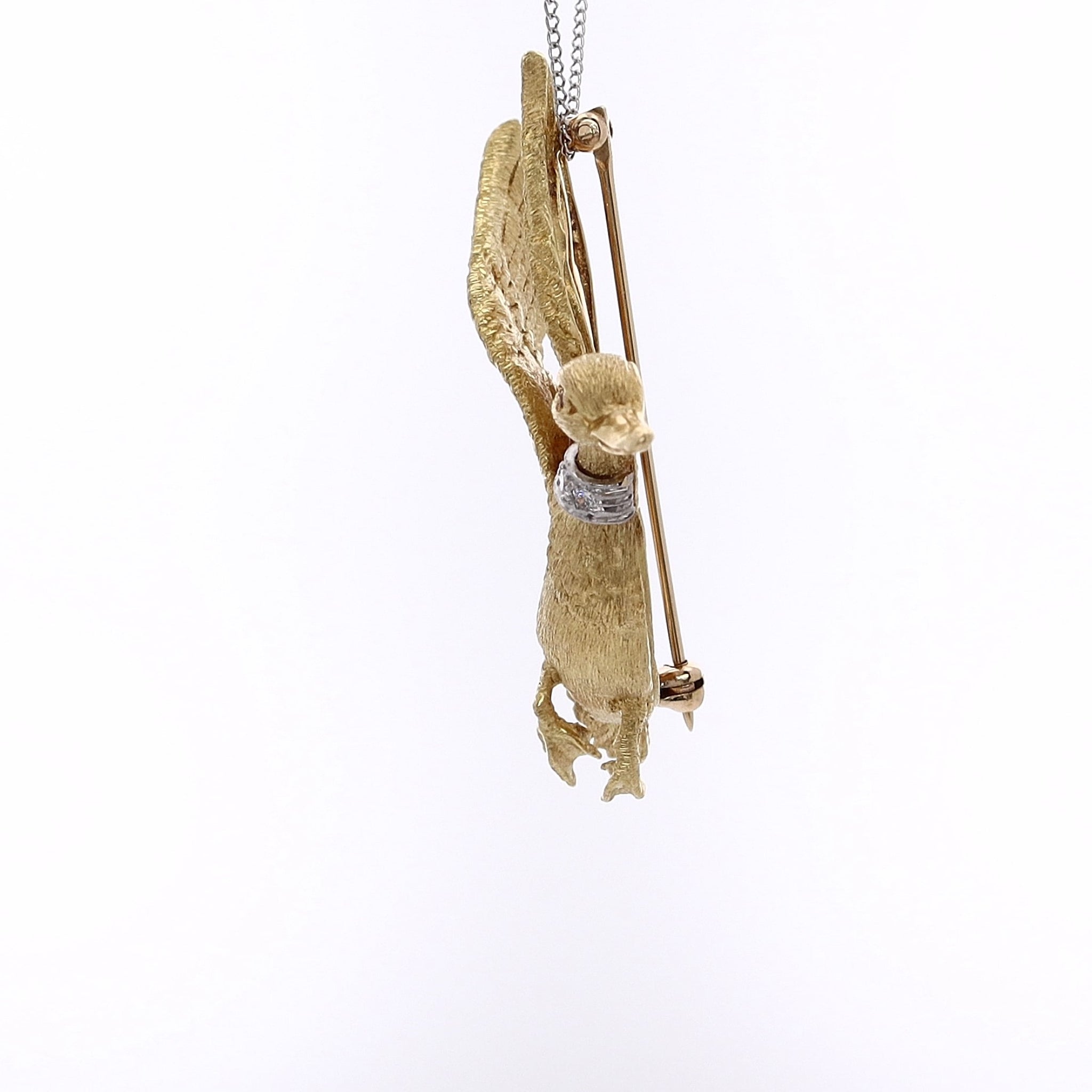 Estate 18 Karat Yellow Gold and Platinum Mallard Duck Pin Adorned with Diamonds and a Ruby