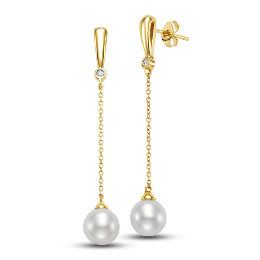 Exquisite 14k Gold Freshwater Pearl and Diamond Bezel Drop Earrings for Elegant Jewelry Lovers