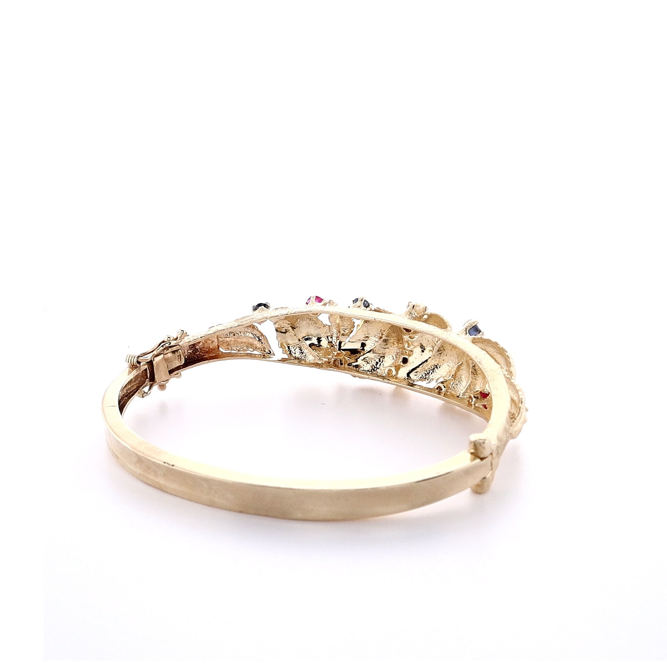 14k Yellow Gold Textured Leaf Multi - Gemstone Estate Bangle Bracelet