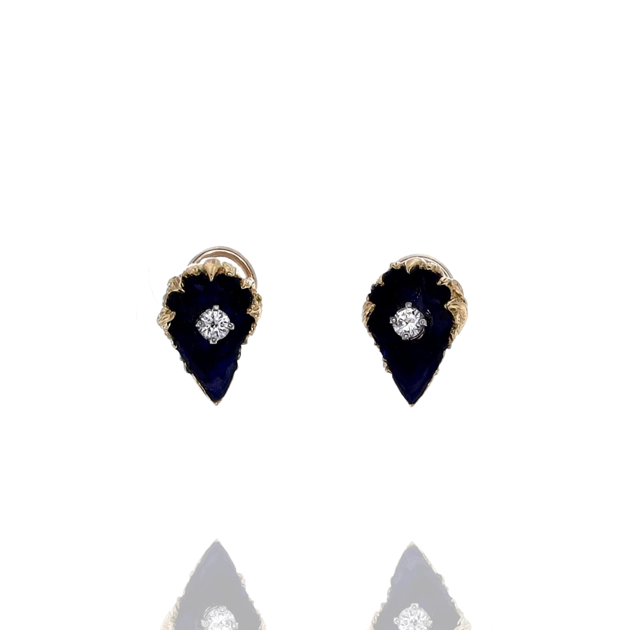 18k Yellow Gold Estate Blue Enamel Flower Pod Design Pierced and Clip - On Diamond Earrings for Jewelry Lovers
