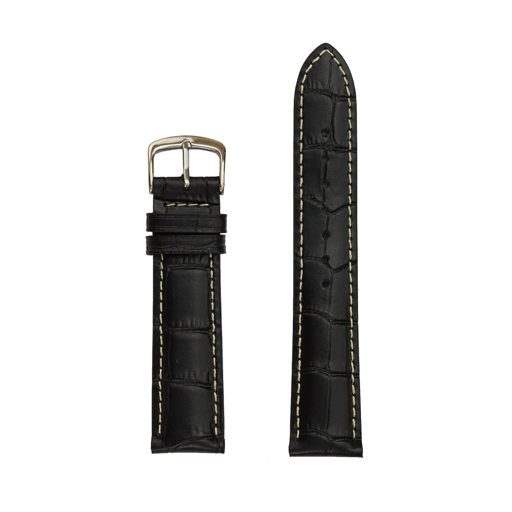 19mm Luxury Genuine Alligator Grain Calfskin Leather Watch Strap in Classic Black Color