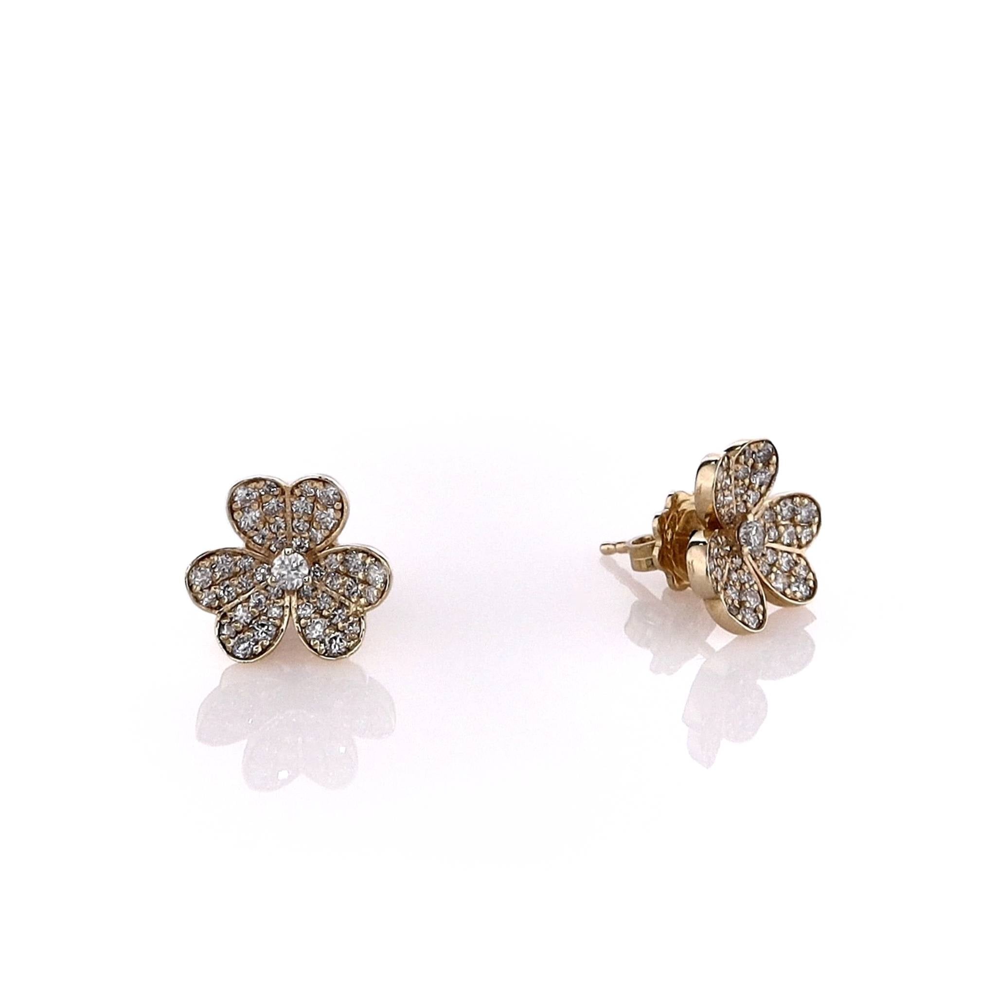 14k Yellow Gold Fashionable Floral Clover Design Pave Set Stud Earrings for Women