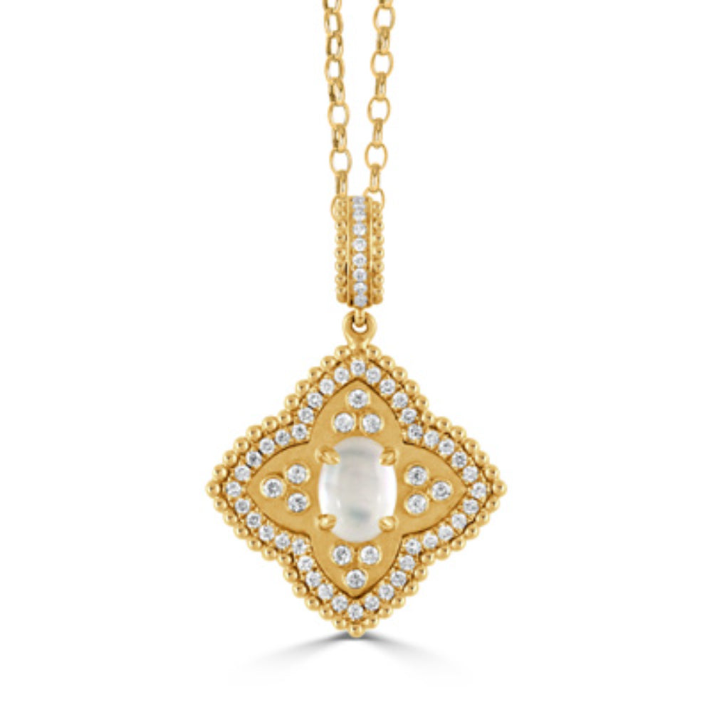 Gorgeous 18k Gold Byzantine Diamond Pendant Necklace with Quartz and Pearl
