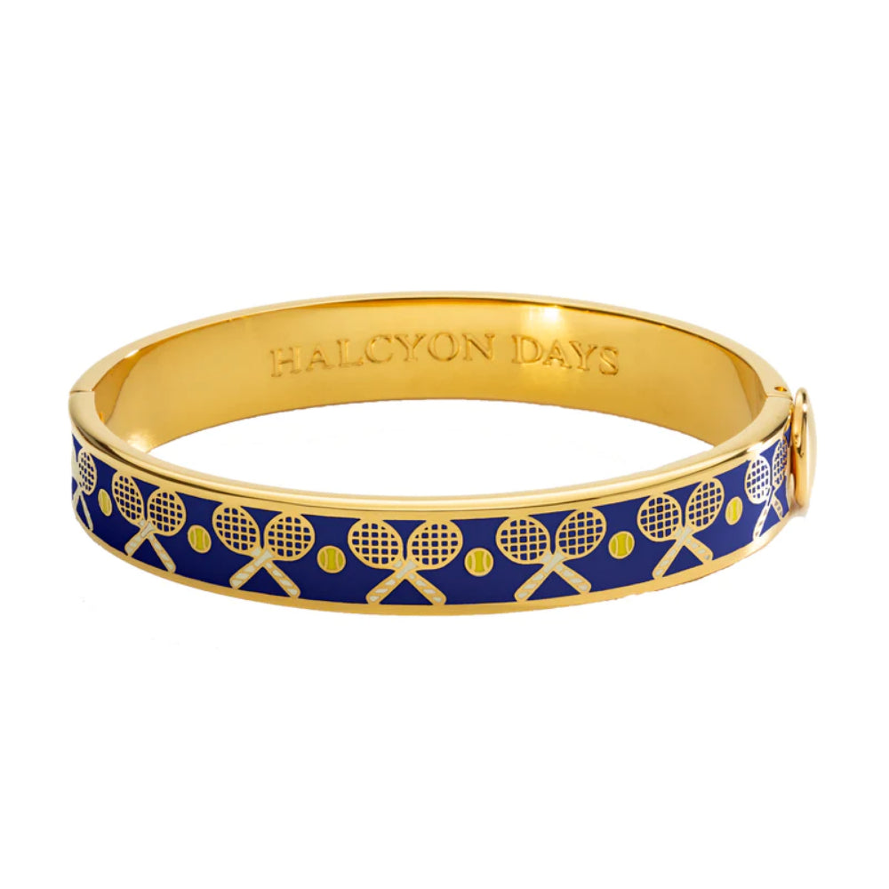 Halcyon Days Luxury 1cm Gold - Plated Hinged Enamel Tennis Racket and Ball Bangle for Fashion Accessories