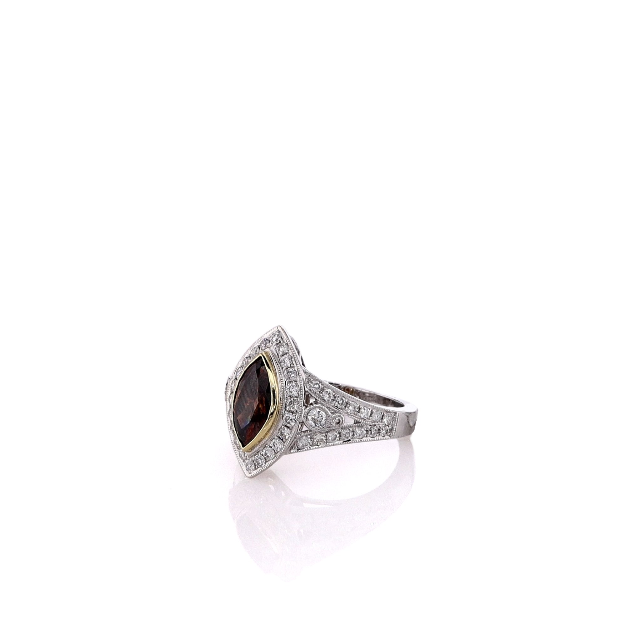 Exquisite 18k Two-Tone Halo and Split Shank Engagement Ring with Fancy Brown and White Diamonds
