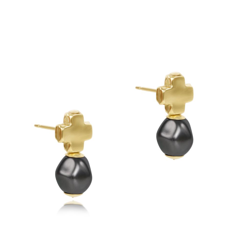 enewton Dark Grey Pearl Signature Cross Gold Stud Earrings - 14k Gold-Filled Gemstone Design