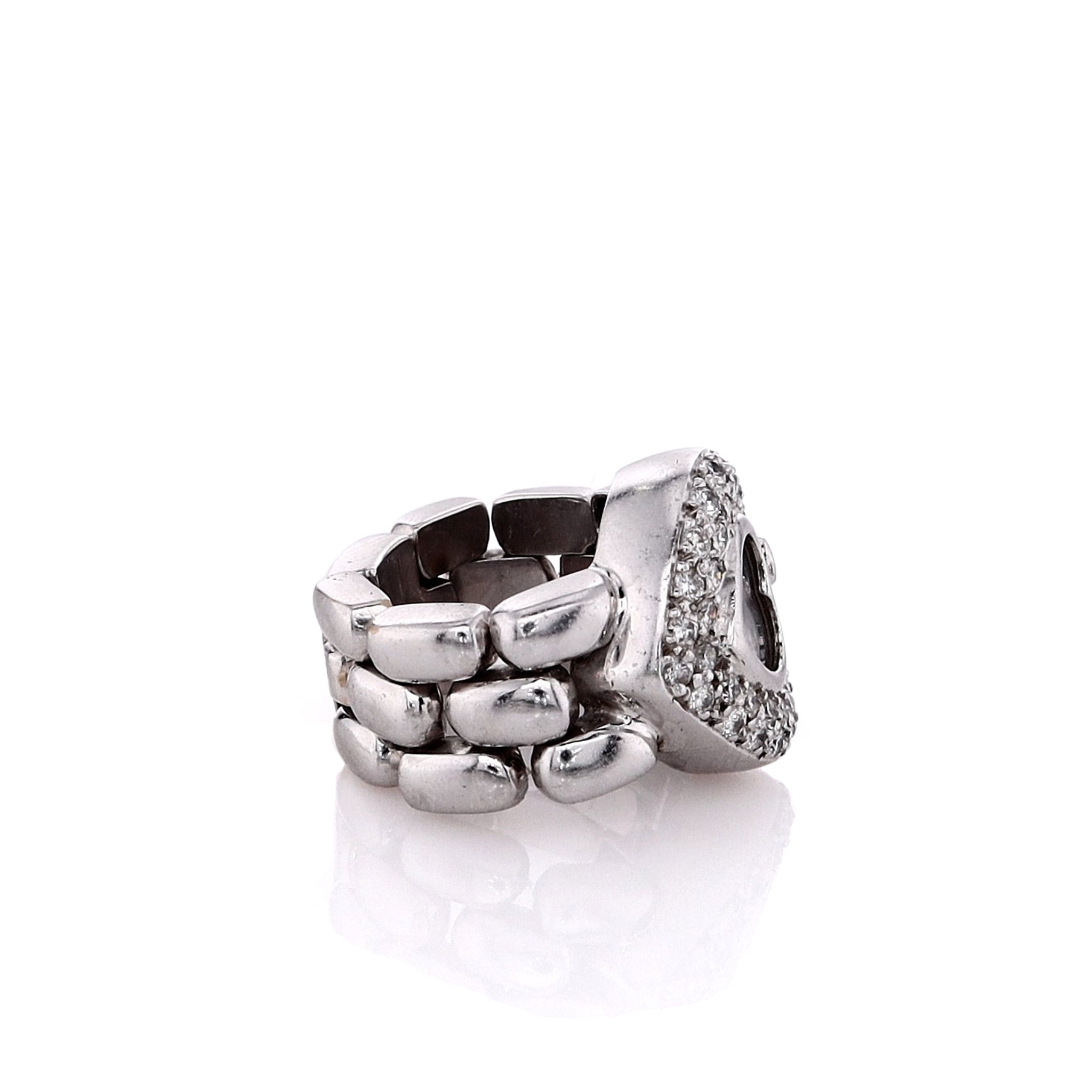 Exquisite Estate 18k White Gold Diamond Ring with Heart Shaped Center Floating Bezel and Flexible Link Design