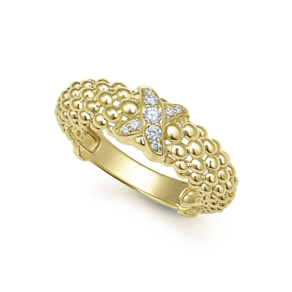 Lagos 18k Gold and Caviar Diamond Embellished X-Shaped Engagement Ring