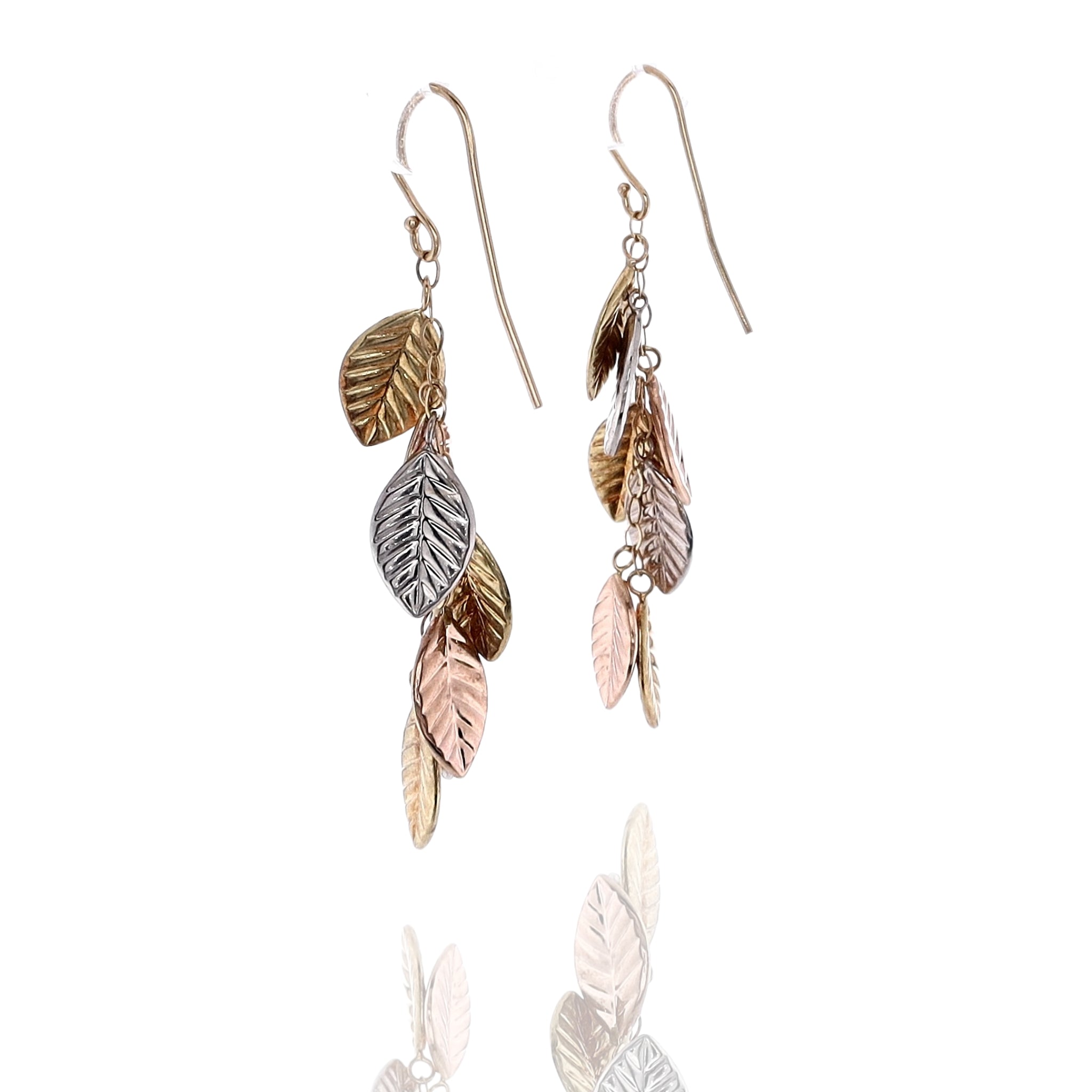 Exquisite 14k Tri - Tone Gold Dangle Earrings with Leaf - Shaped Design