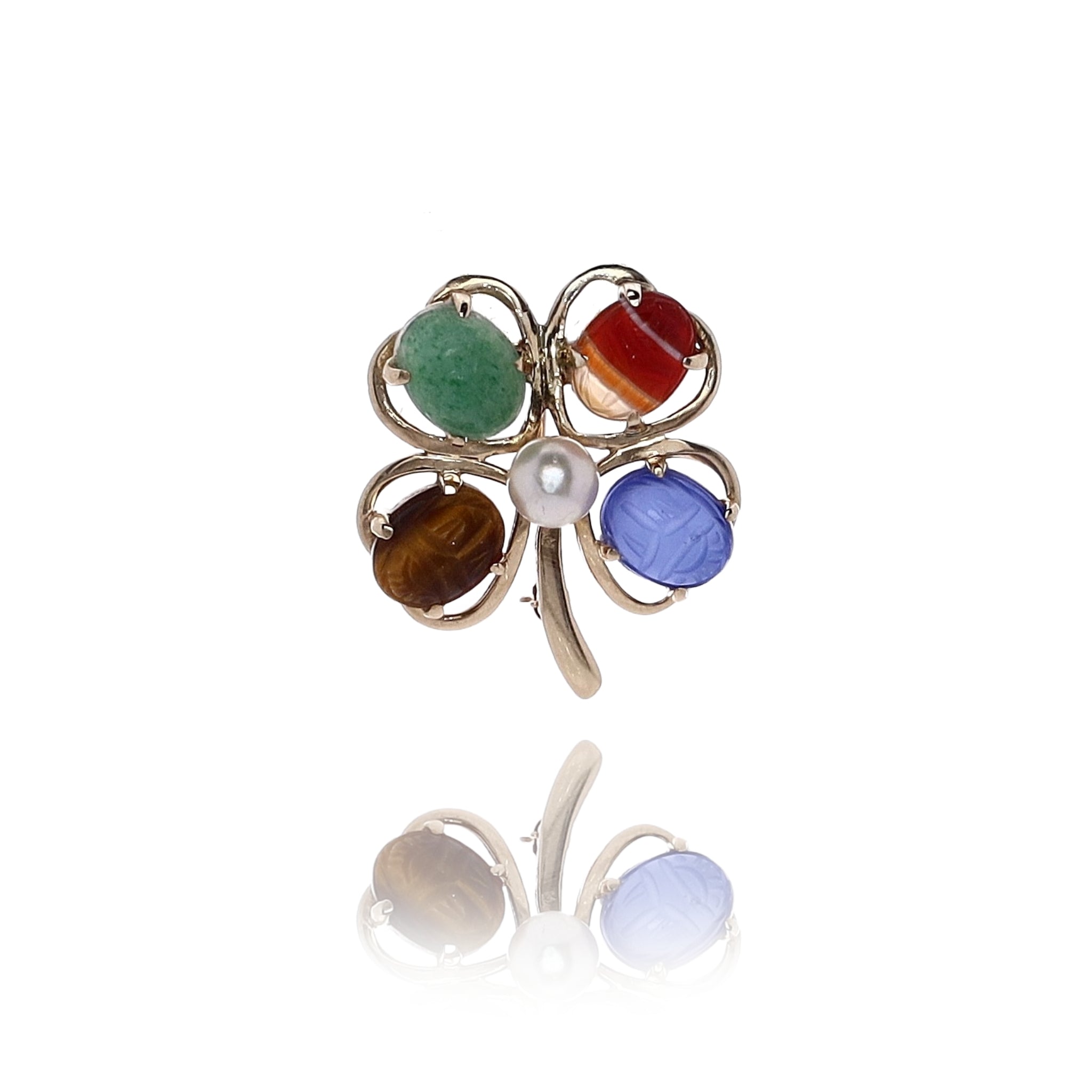 14K Yellow Gold Chalcedony and Quartz 4 - Leaf Clover Decorative Pin